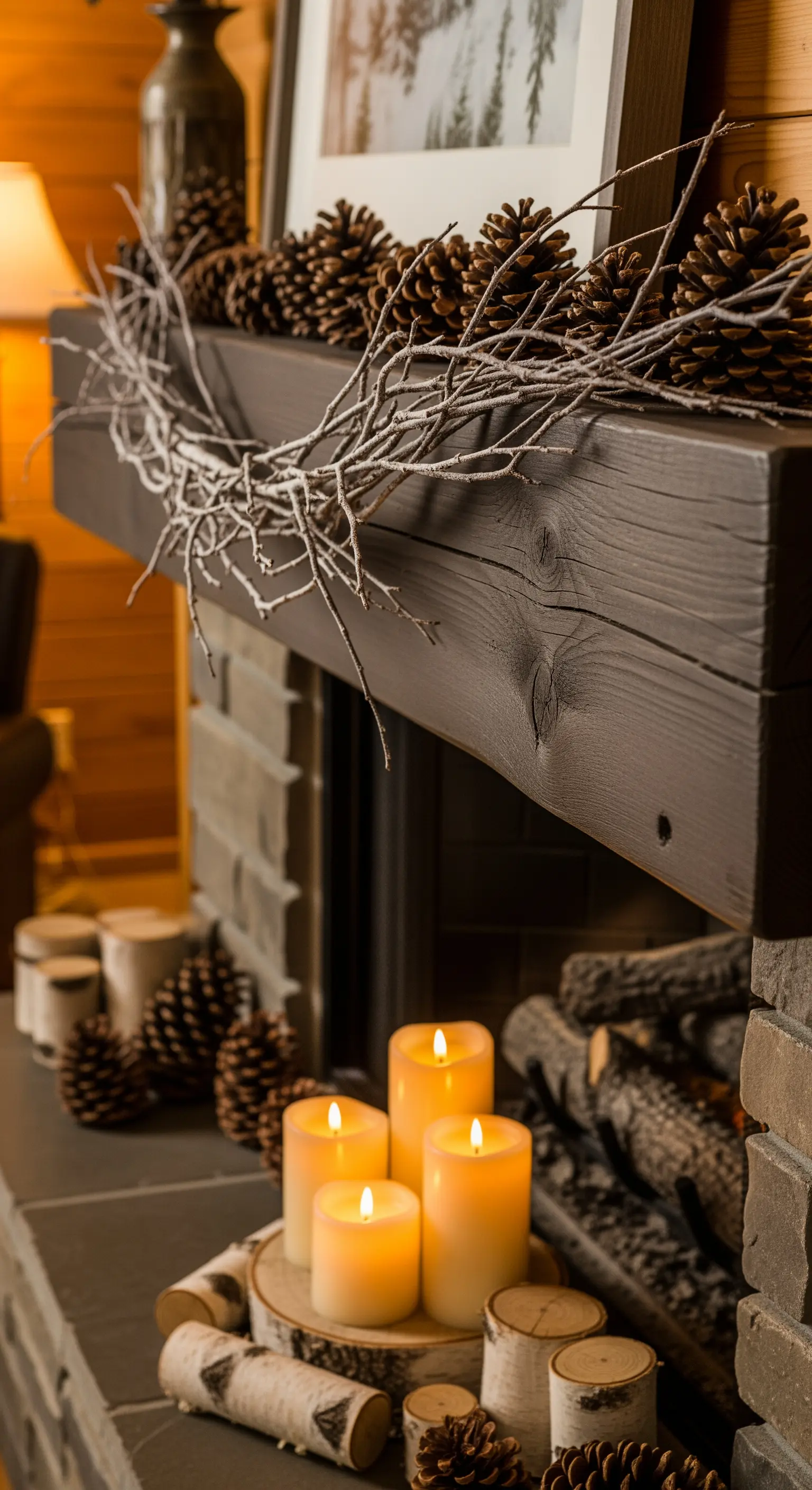 Rustikale Winterdeko am Kamin mit Tannenzapfen, Birkenholz, weißen Ästen und LED-Kerzen.