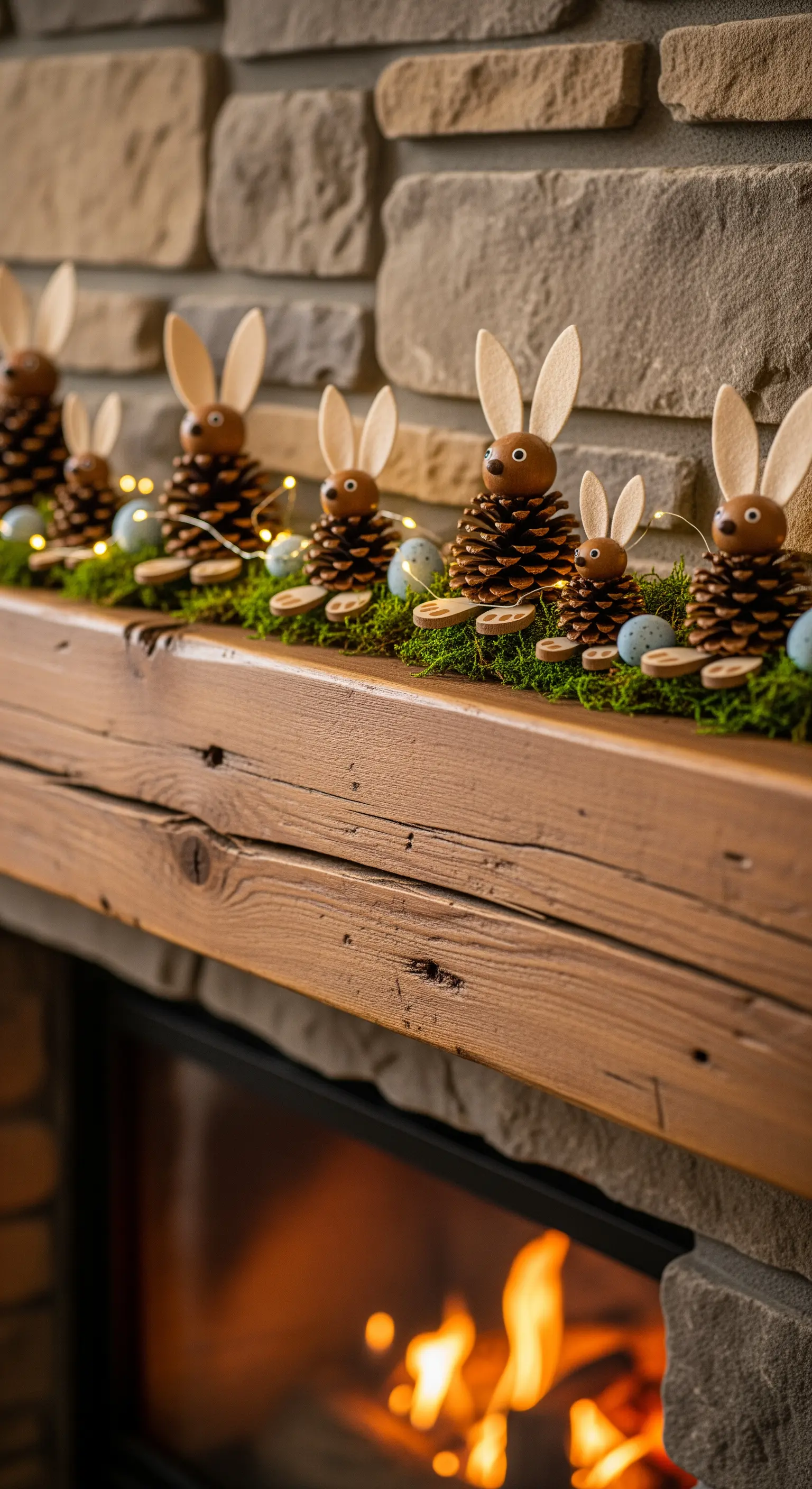 Zapfenhasen auf einem Holzkaminsims mit Moos und Lichterketten