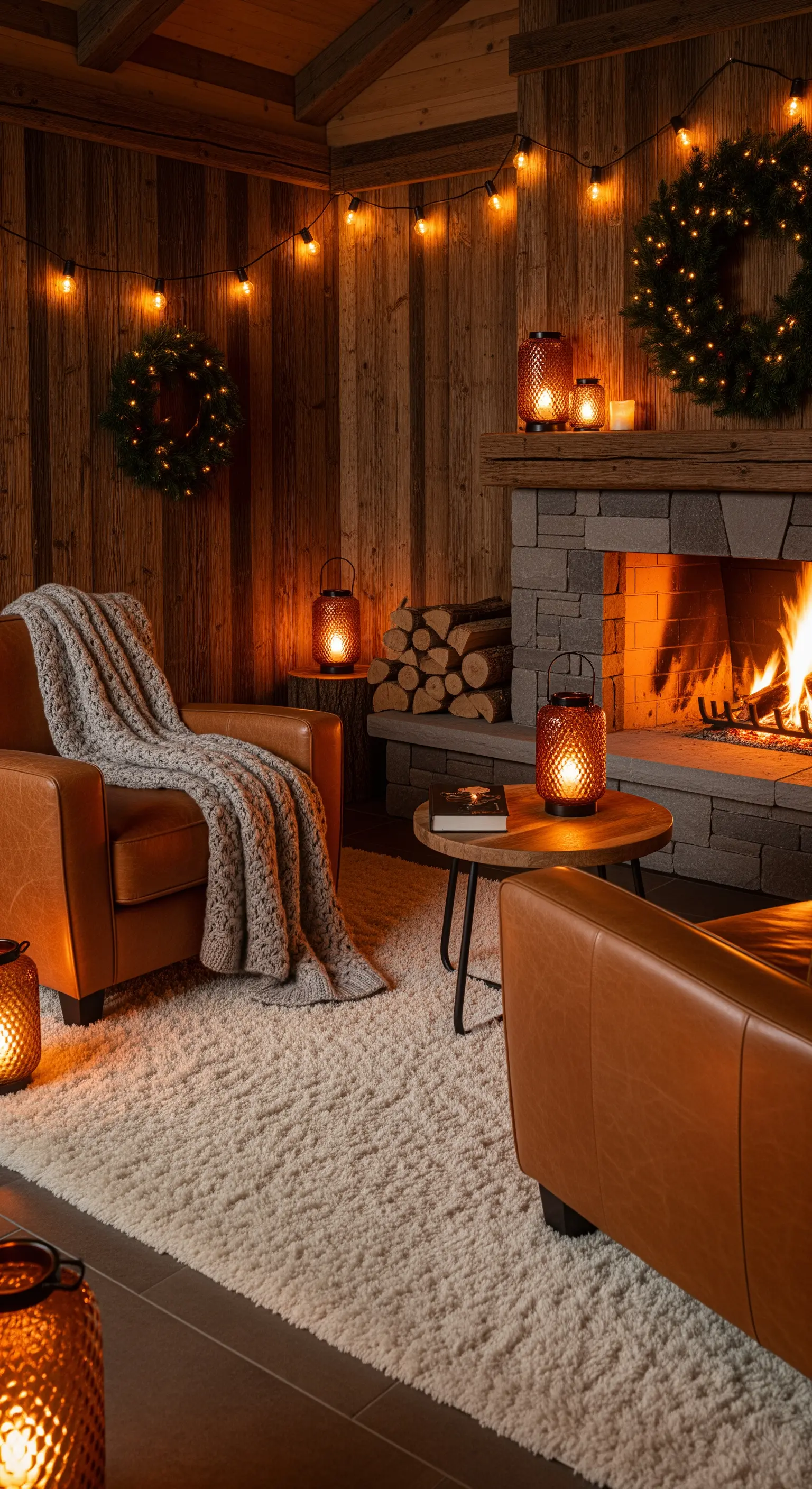 Rustikales Wohnzimmer mit Holzwänden, Ledersesseln, Kamin und vielen Lichterketten und Laternen.