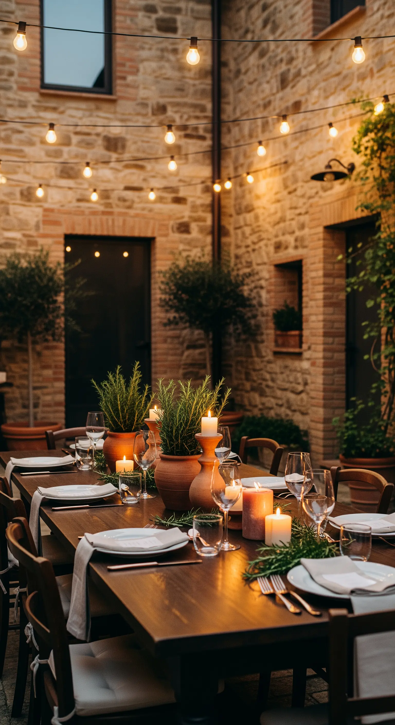 Langer Holztisch mit Terrakotta-Töpfen, Kerzen und Lichterketten in einem Hof.