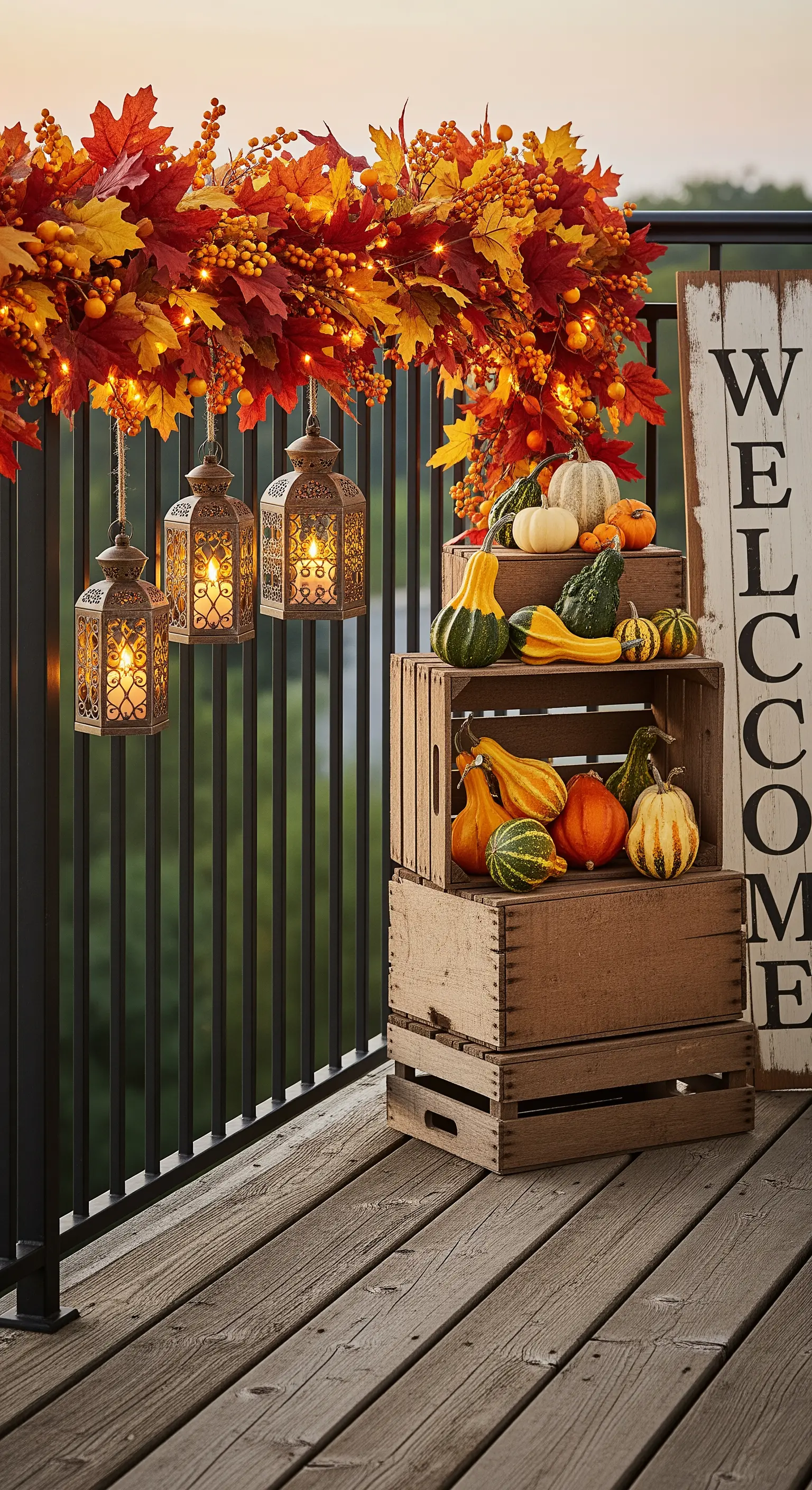 Balkongeländer mit Herbstgirlande, Laternen und Holzkisten mit Zierkürbissen