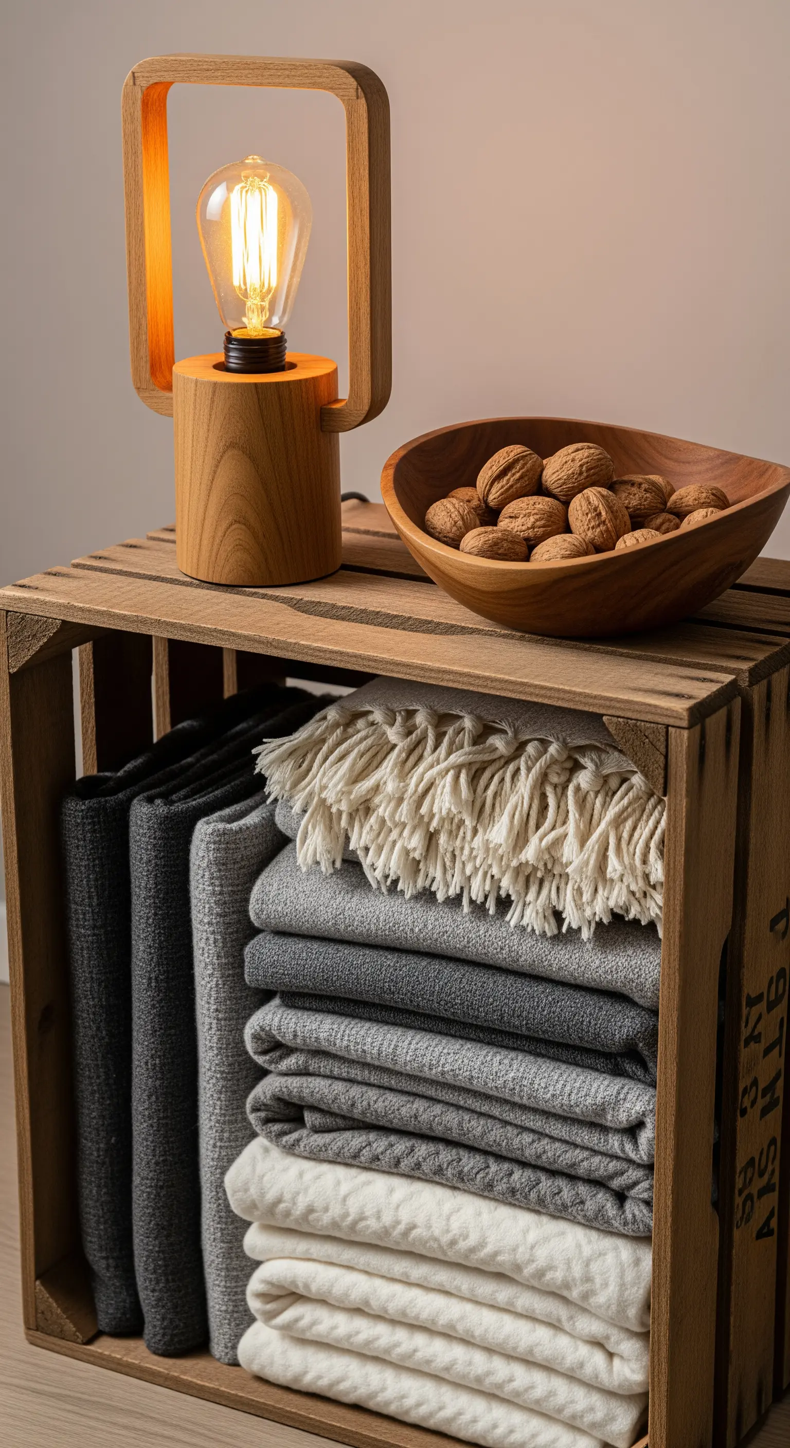 Holzkiste als Beistelltisch mit Decken und moderner Holzlampe.