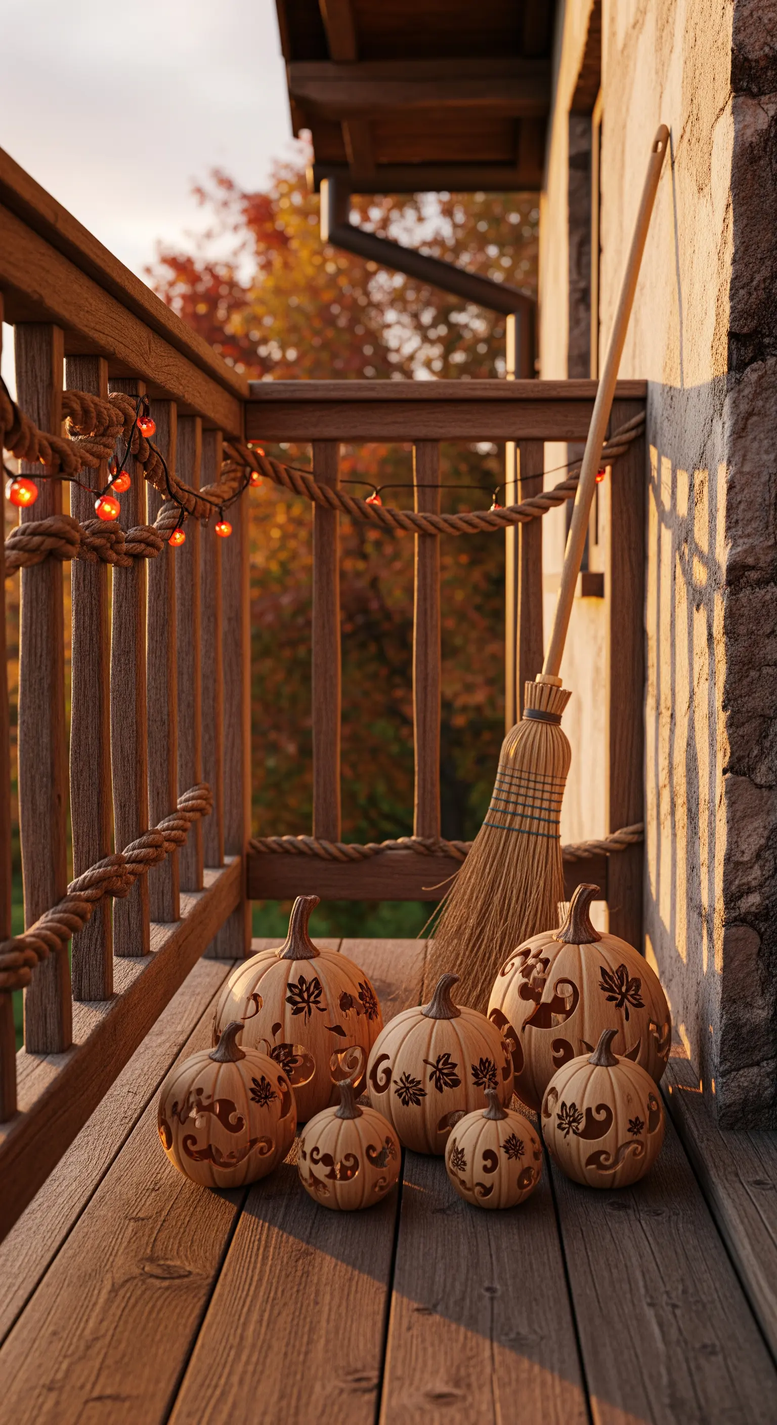 Rustikaler Besen, geschnitzte Kürbisse und Lichterkette an der Balkonwand