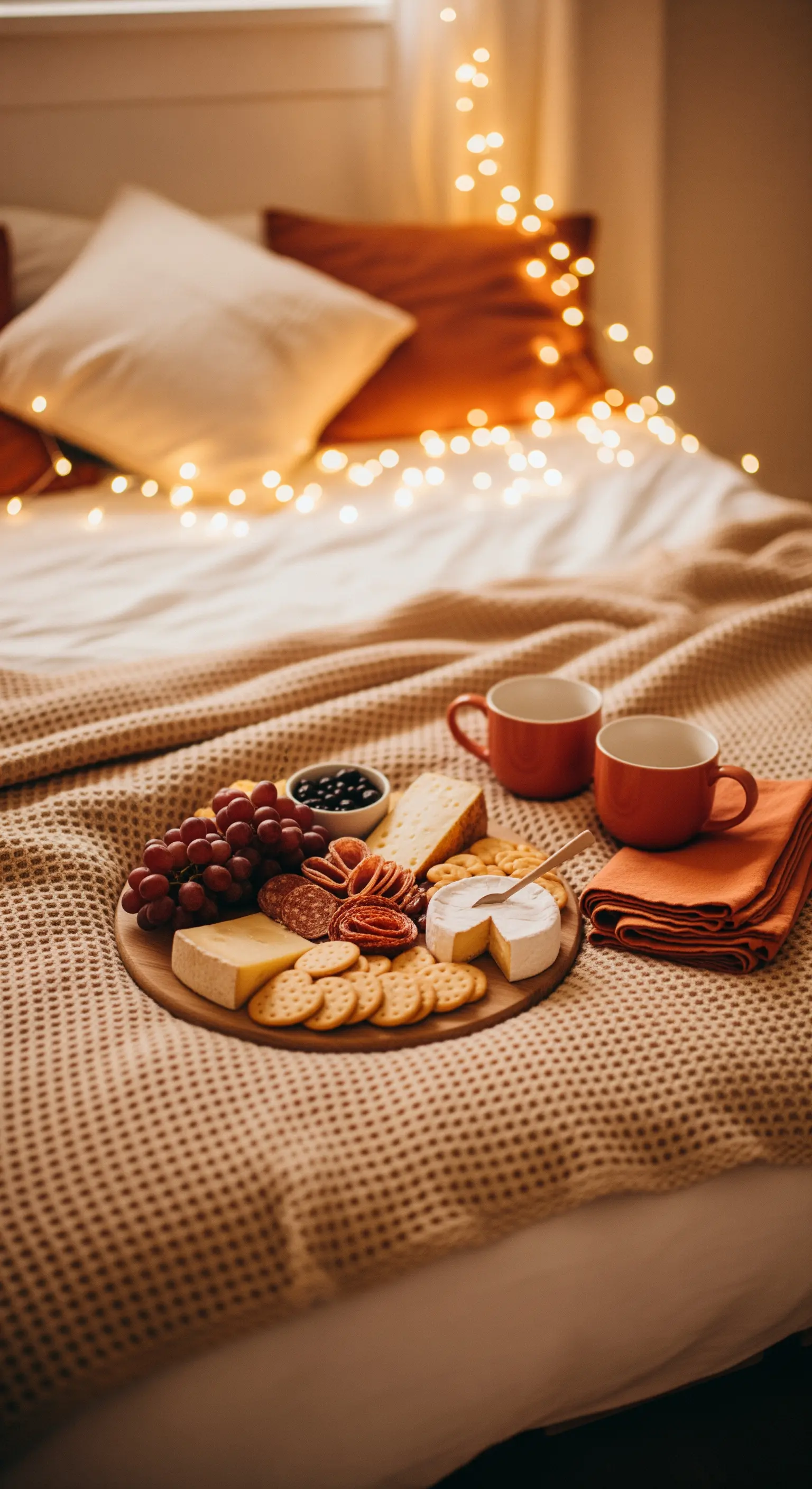 Gemütliches Snack-Board mit Käse, Wurst, Trauben und Lichterketten im Schlafzimmer
