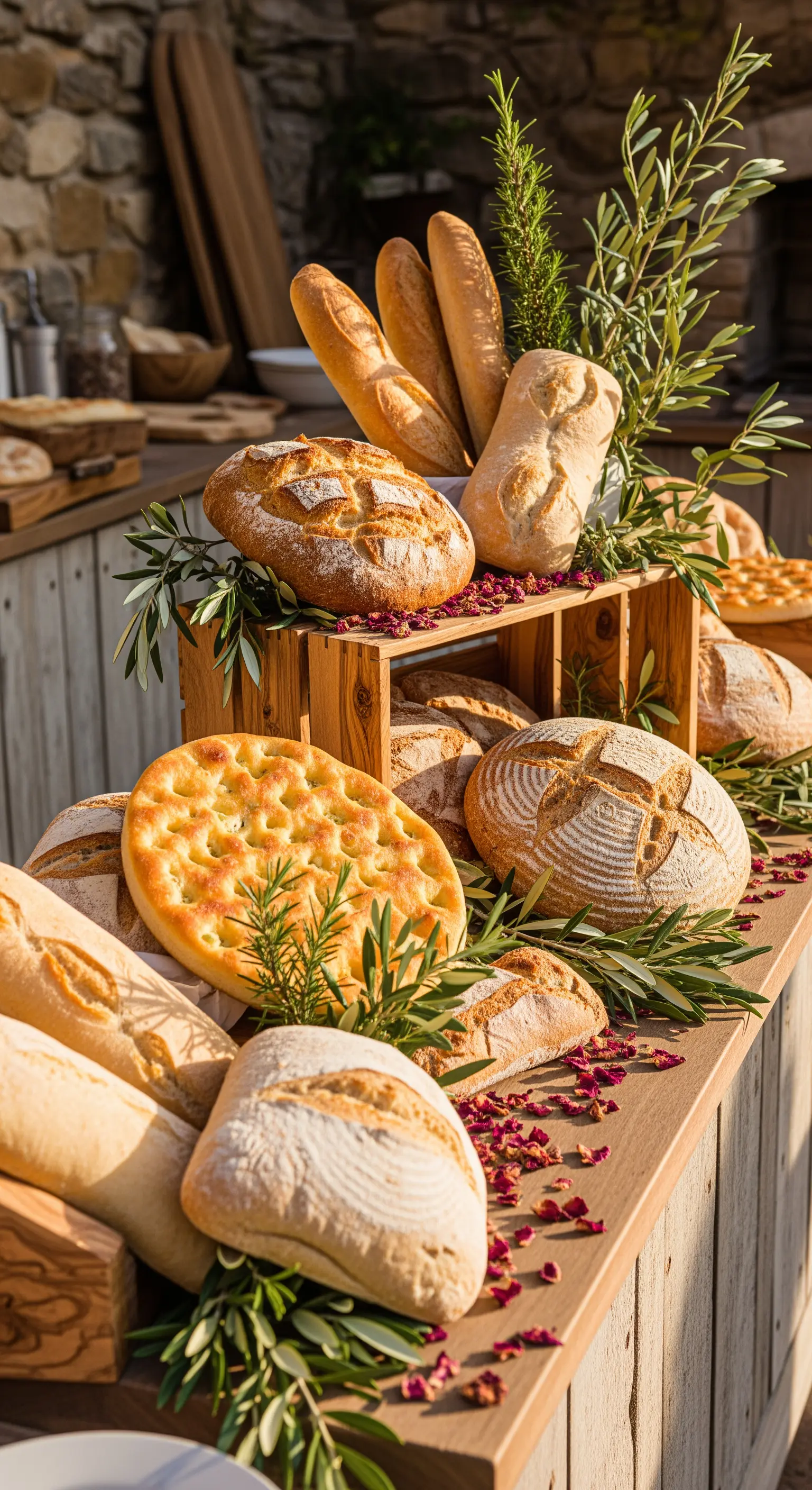 Brot-Buffet mit verschiedenen Brotsorten, Olivenzweigen und Rosmarin auf Holzkisten