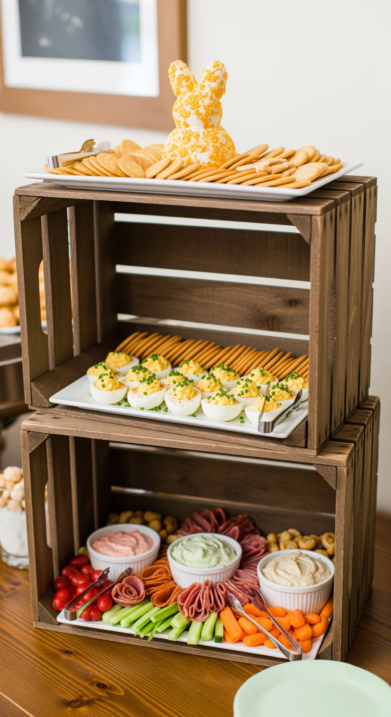 Gestapelte Holzkisten als Buffet-Etagere für Oster-Snacks