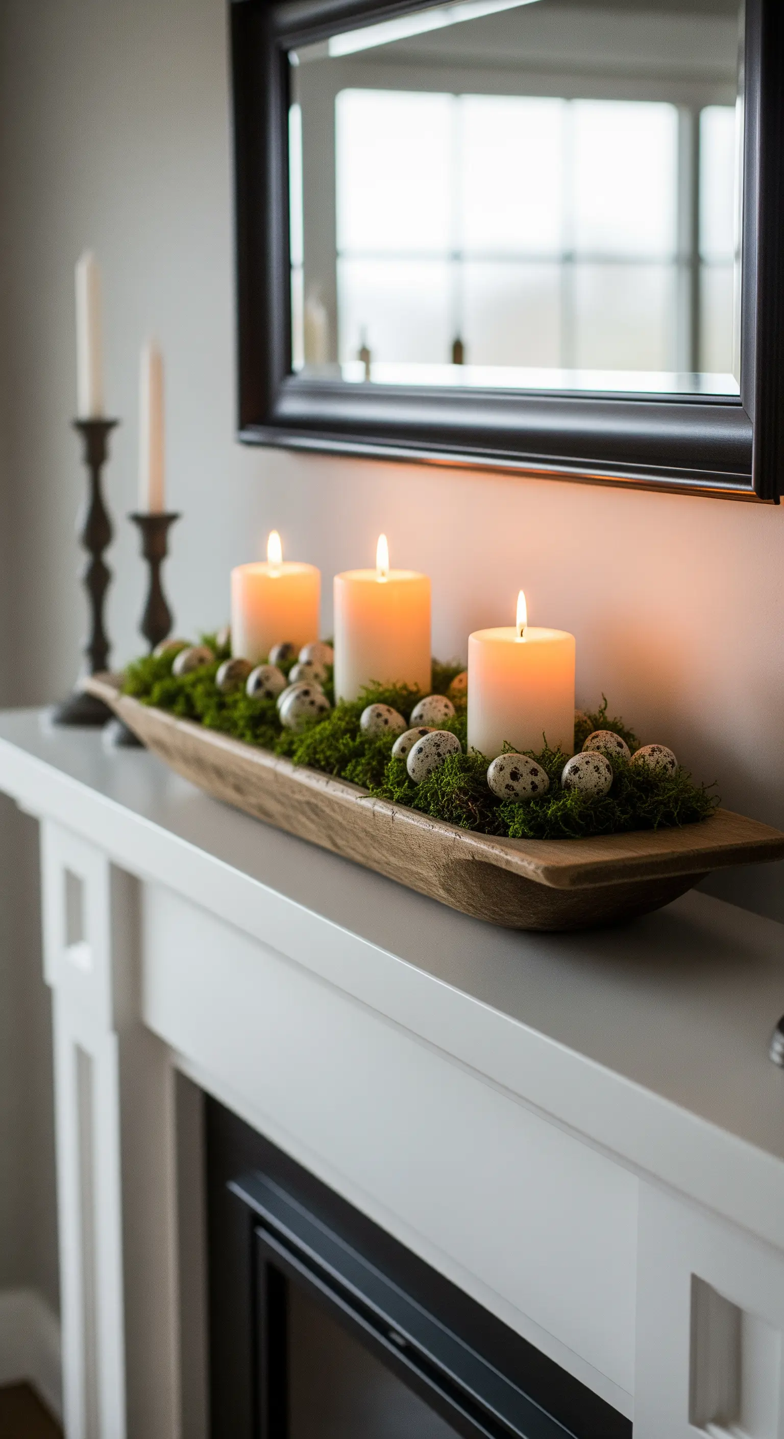 Eine längliche Holzschale mit Moos, Wachteleiern und drei brennenden Kerzen.