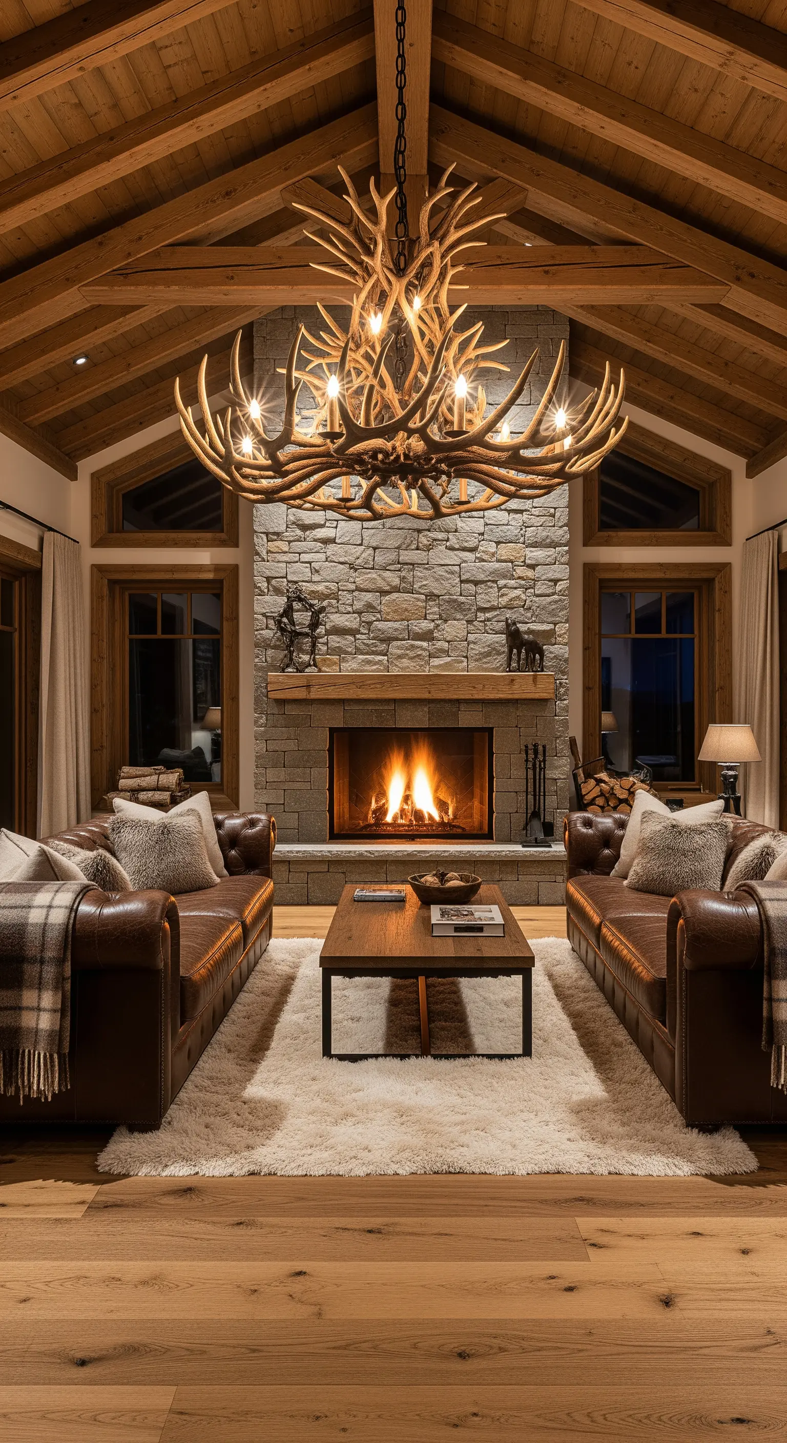 Großer Geweih-Kronleuchter über Ledersofas vor einem Steinkamin in einer rustikalen Holzhütte.