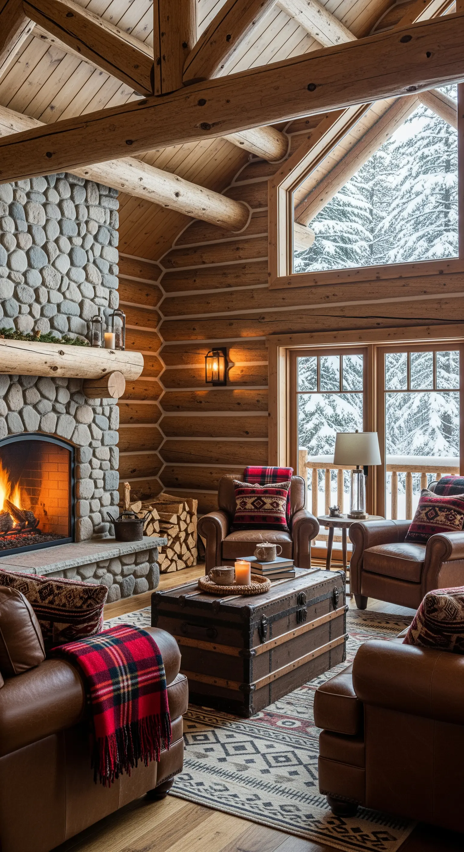 Chalet-Wohnzimmer mit Steinkamin, Ledersofas und karierten Decken