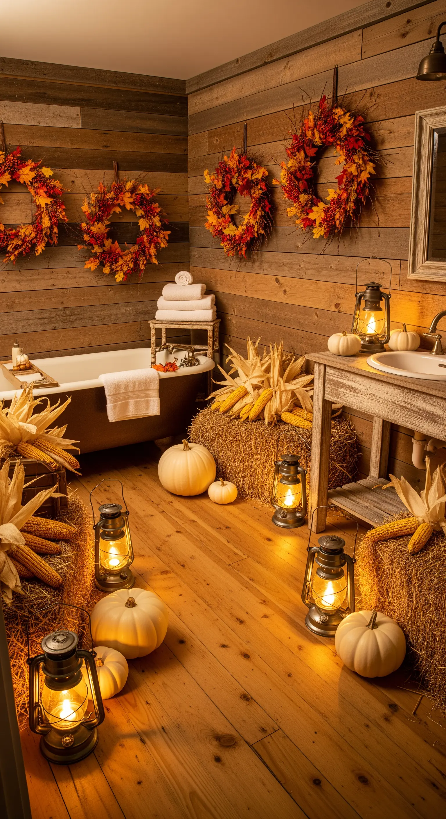 Rustikales Badezimmer mit Heuballen, Kürbissen, Laternen und Herbstlaub-Kränzen