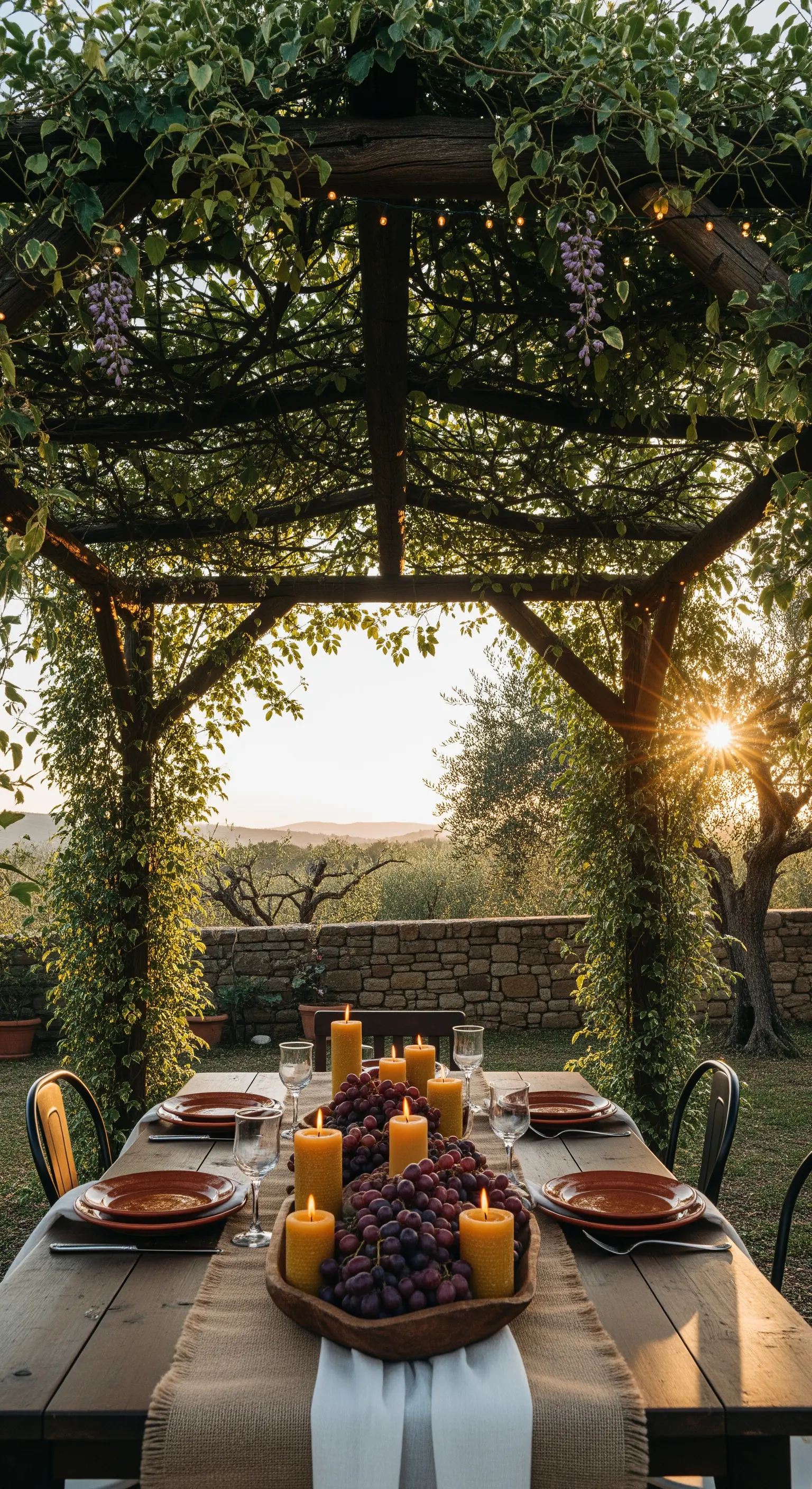 Gartentafel unter begrünter Pergola mit Trauben, Kerzen und warmen Tönen