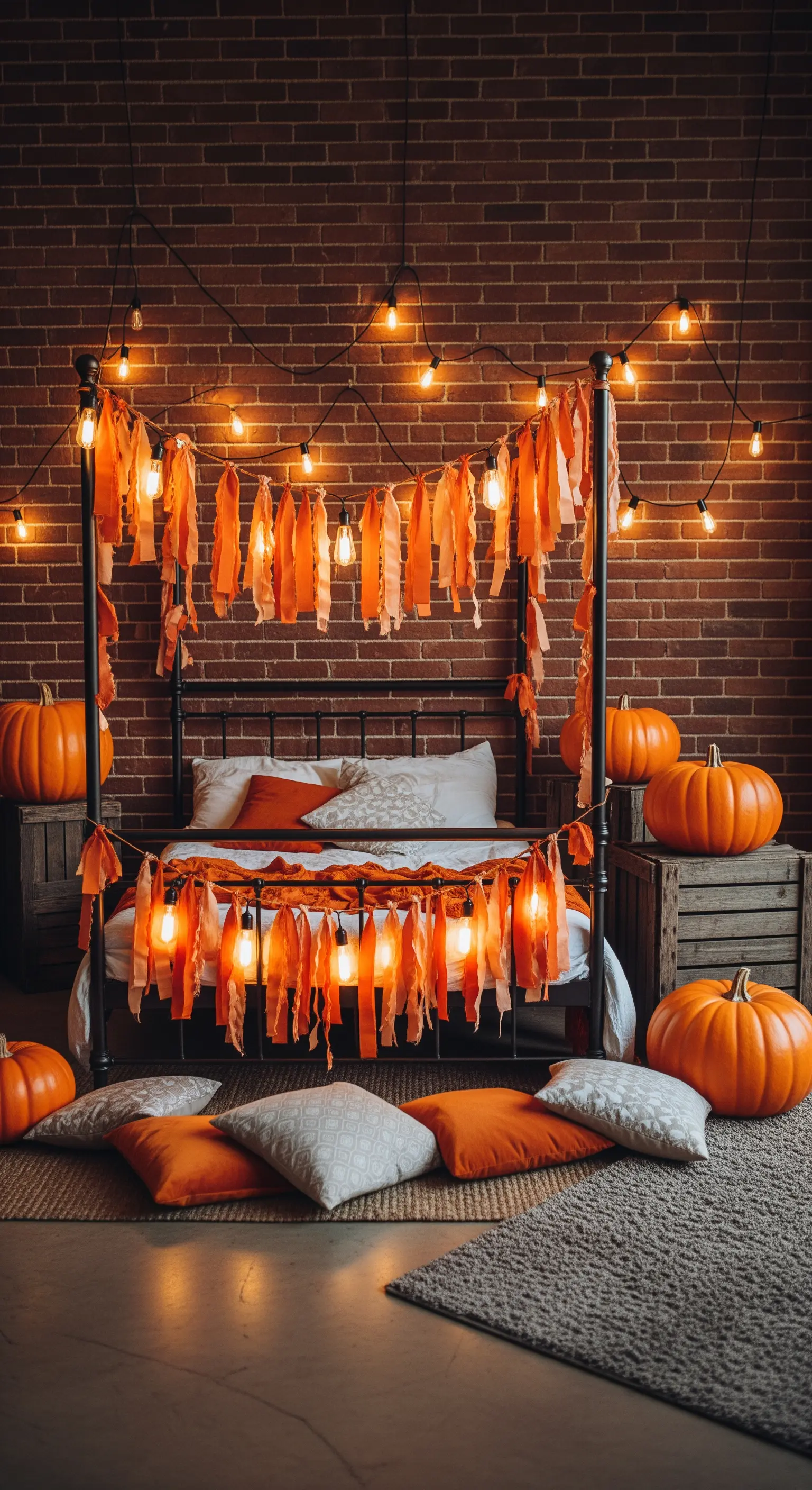Metall-Himmelbett mit Lichterkette und orangefarbenen Stoffbändern, Kürbisse auf Holzkisten