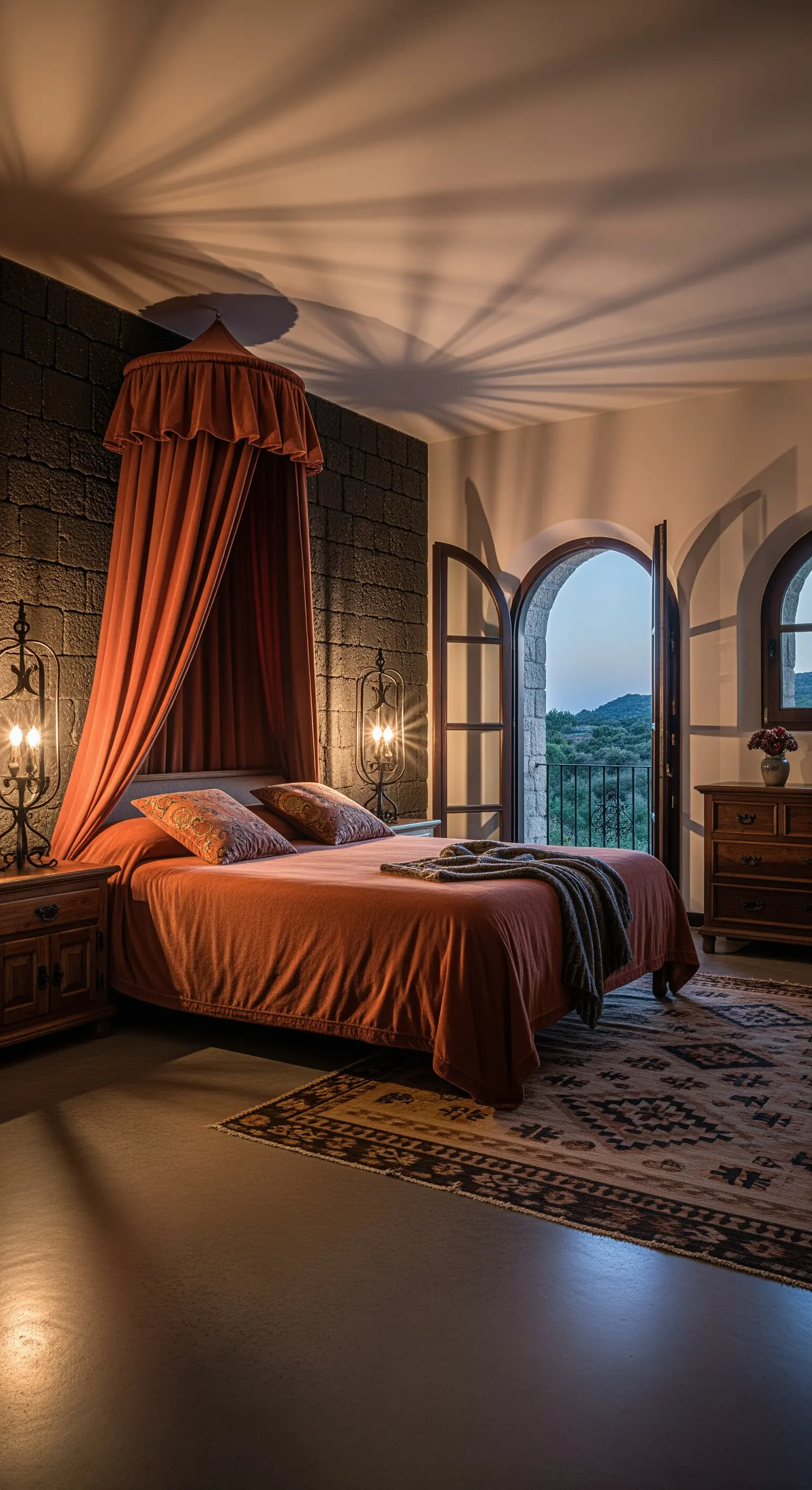 Rustikales Himmelbett, Terrakotta-Baldachin, Steinwand, mediterraner Stil, Holzbalken