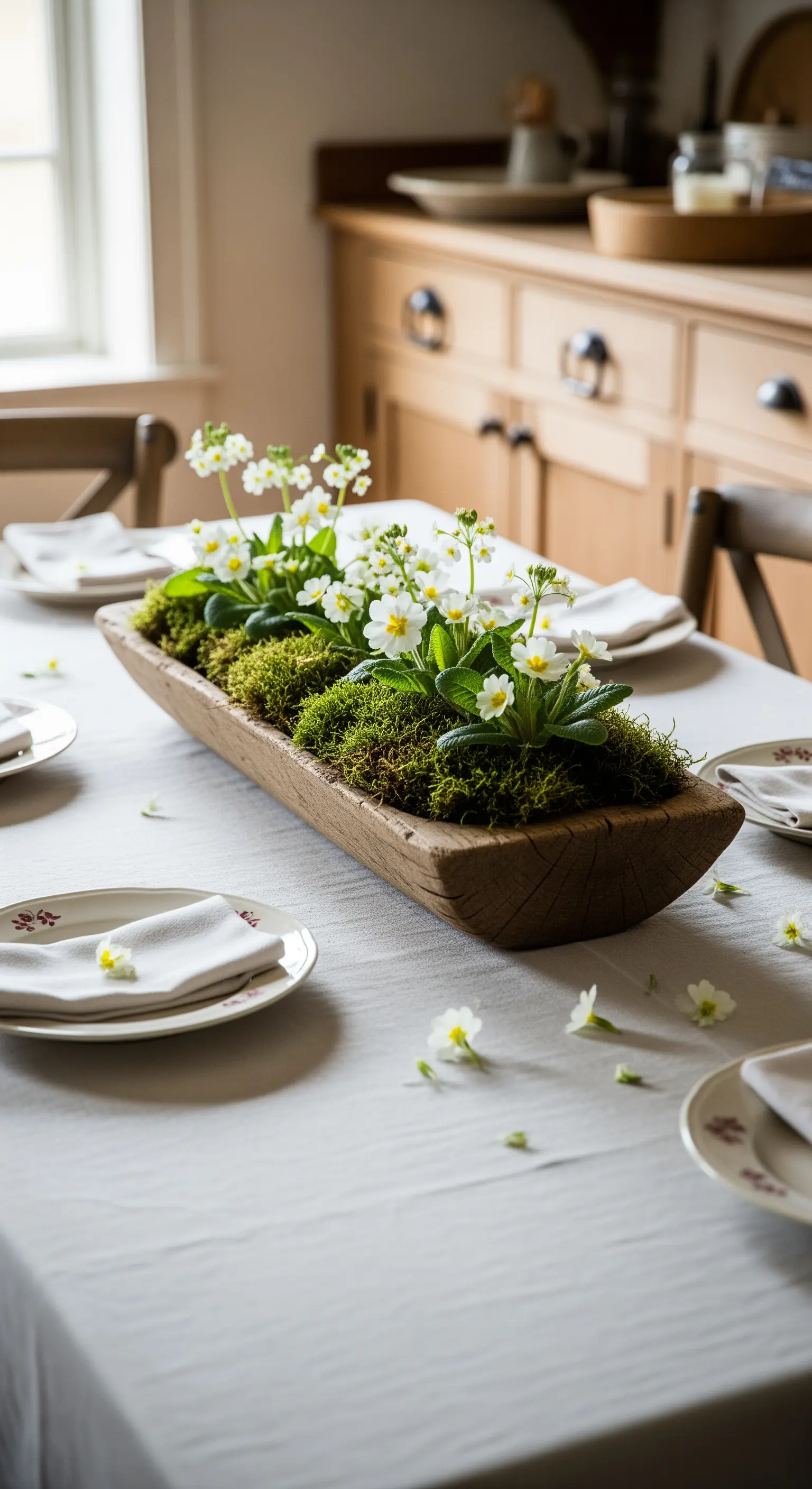 Primeln und Moos in rustikalem Holzgefäß auf gedecktem Tisch