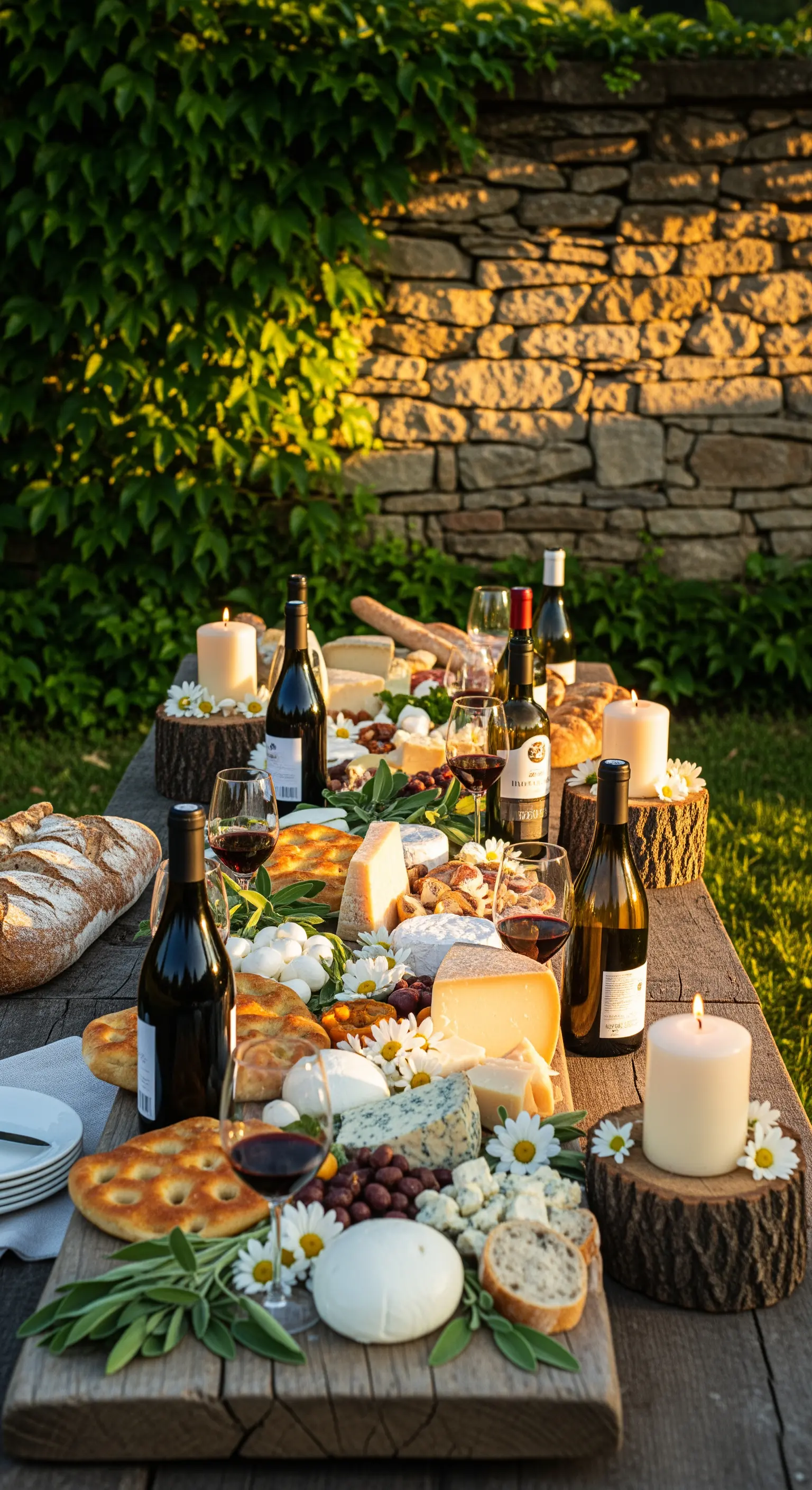Rustikaler Holztisch mit Käse, Wein, Brot, Gänseblümchen und Kerzen auf Holzscheiben.