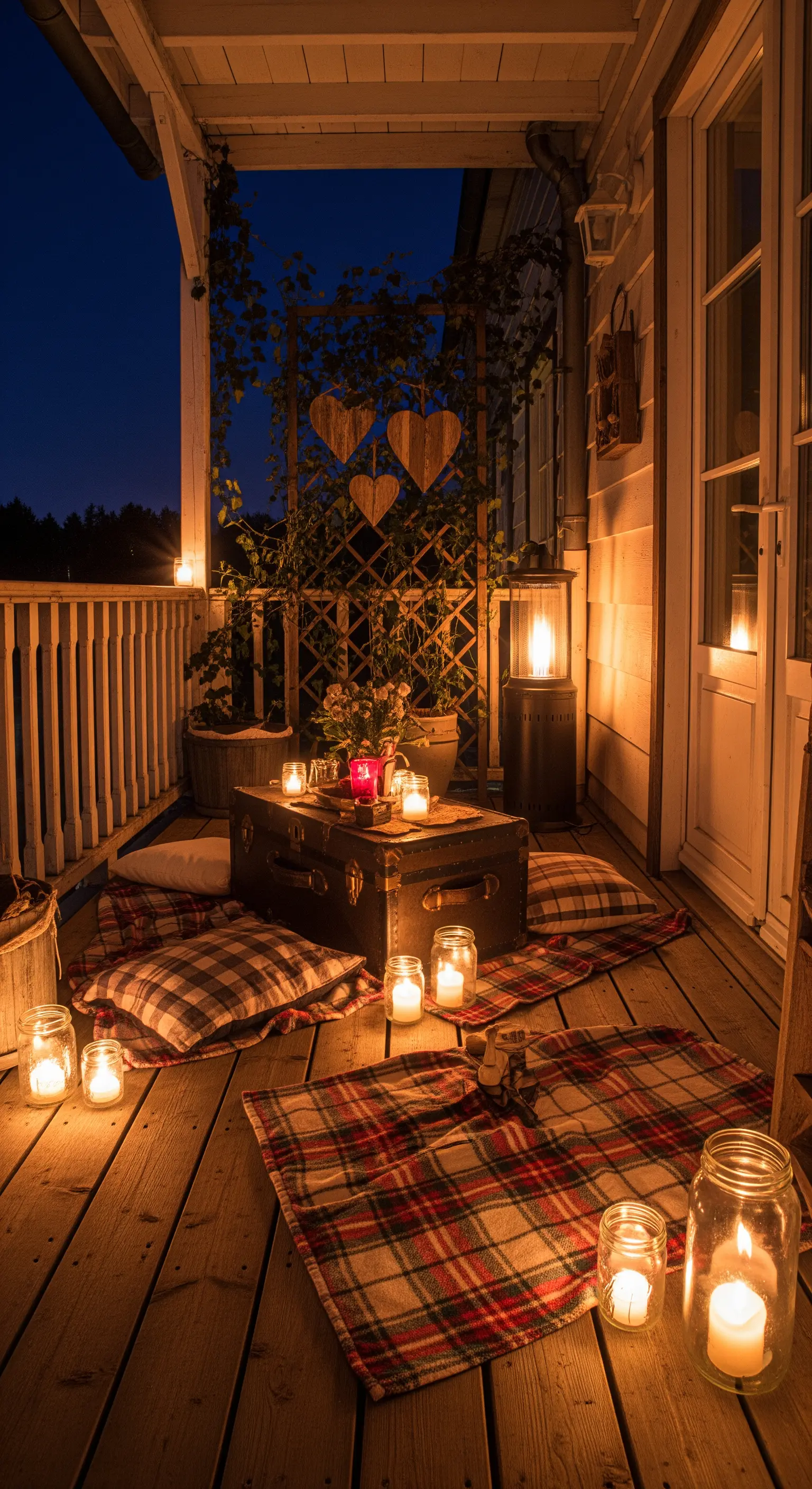 Rustikaler Balkon mit Vintage-Koffer, Karodecken und vielen Kerzen in Gläsern.