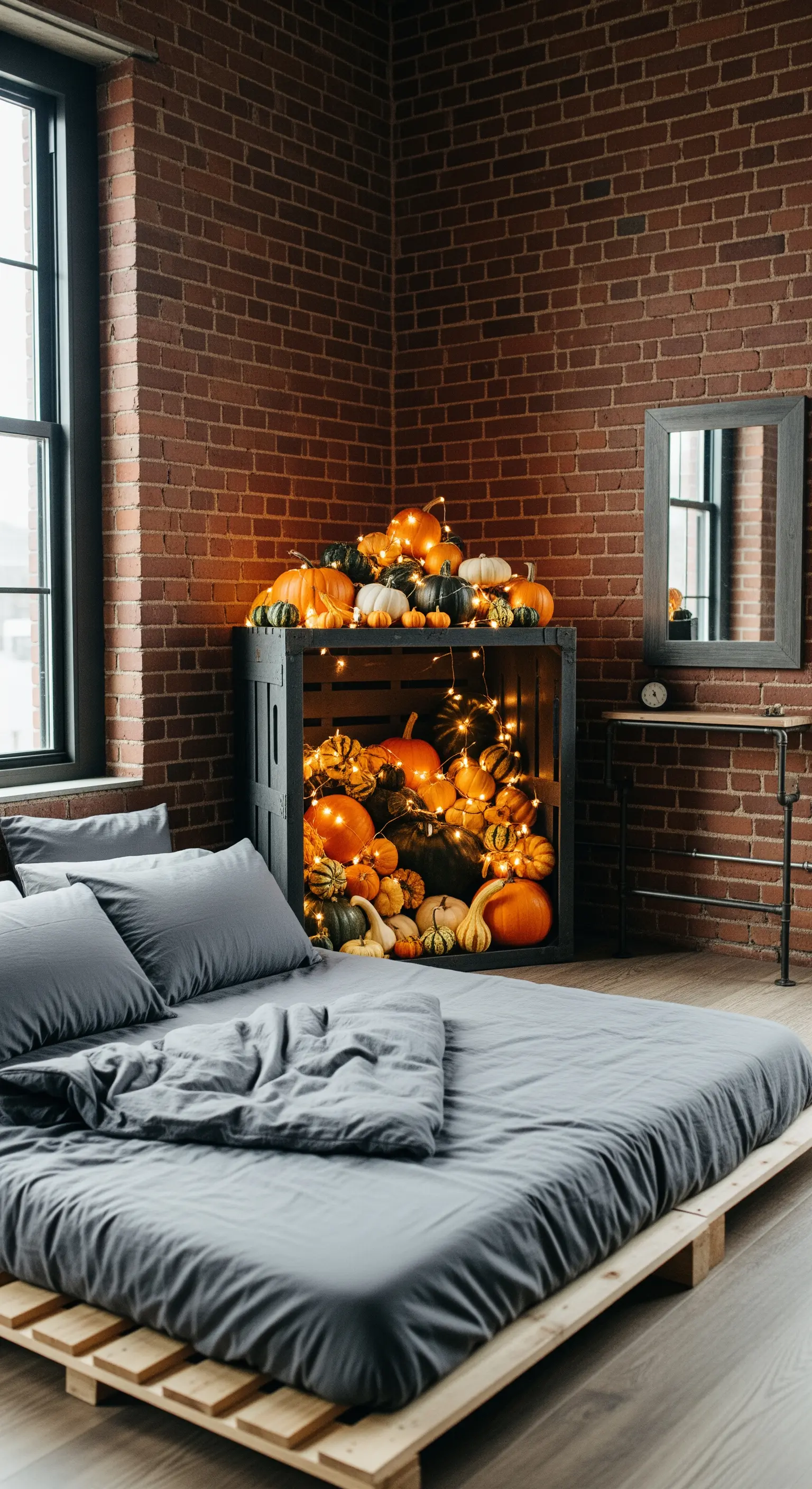 Kürbis-Display in Holzkiste mit Lichterkette in gemütlicher Schlafzimmerecke