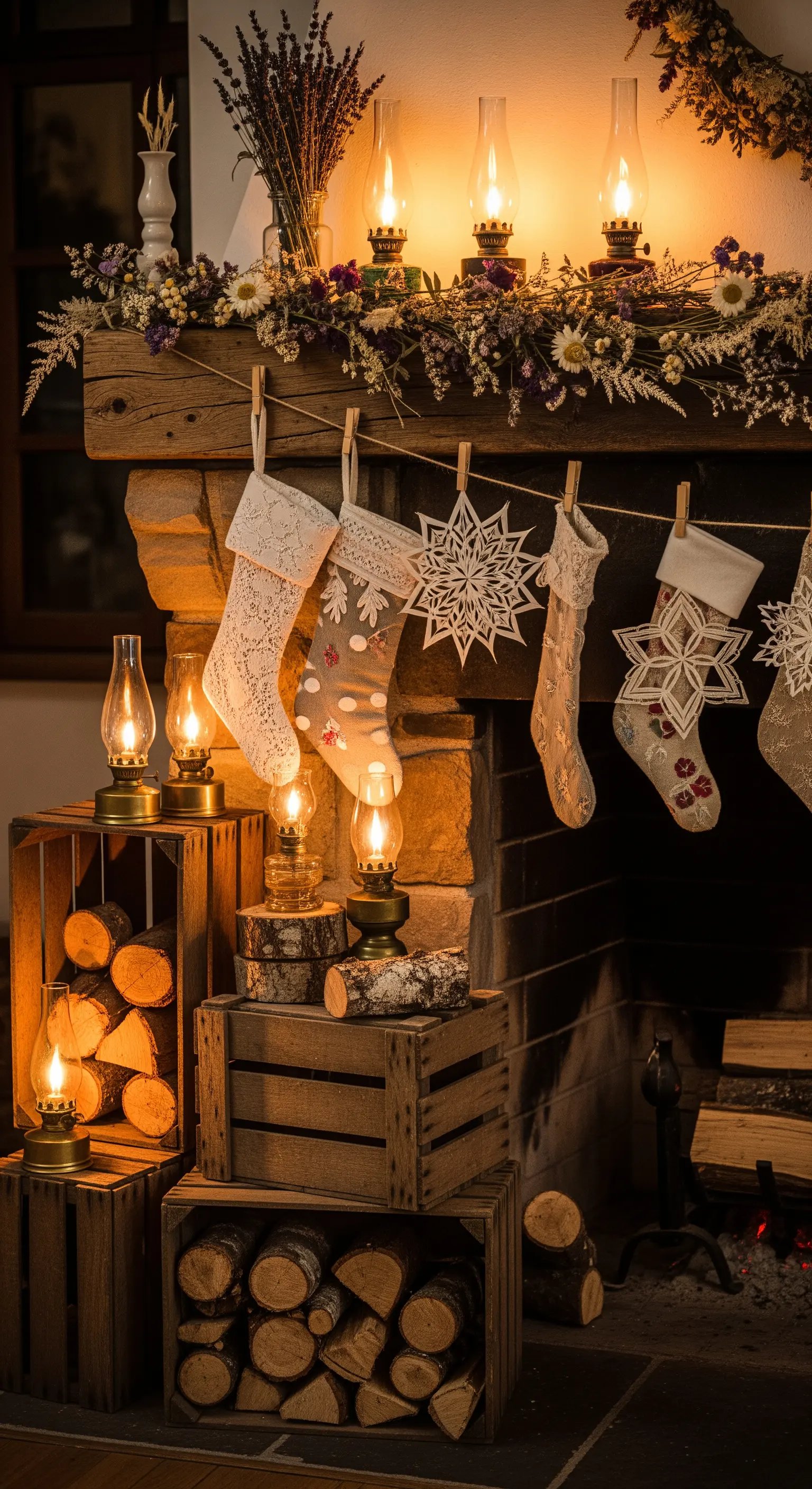 Steinkamin mit Trockenblumengirlande, Strümpfen, Laternen auf Holzkisten und Holzscheiten