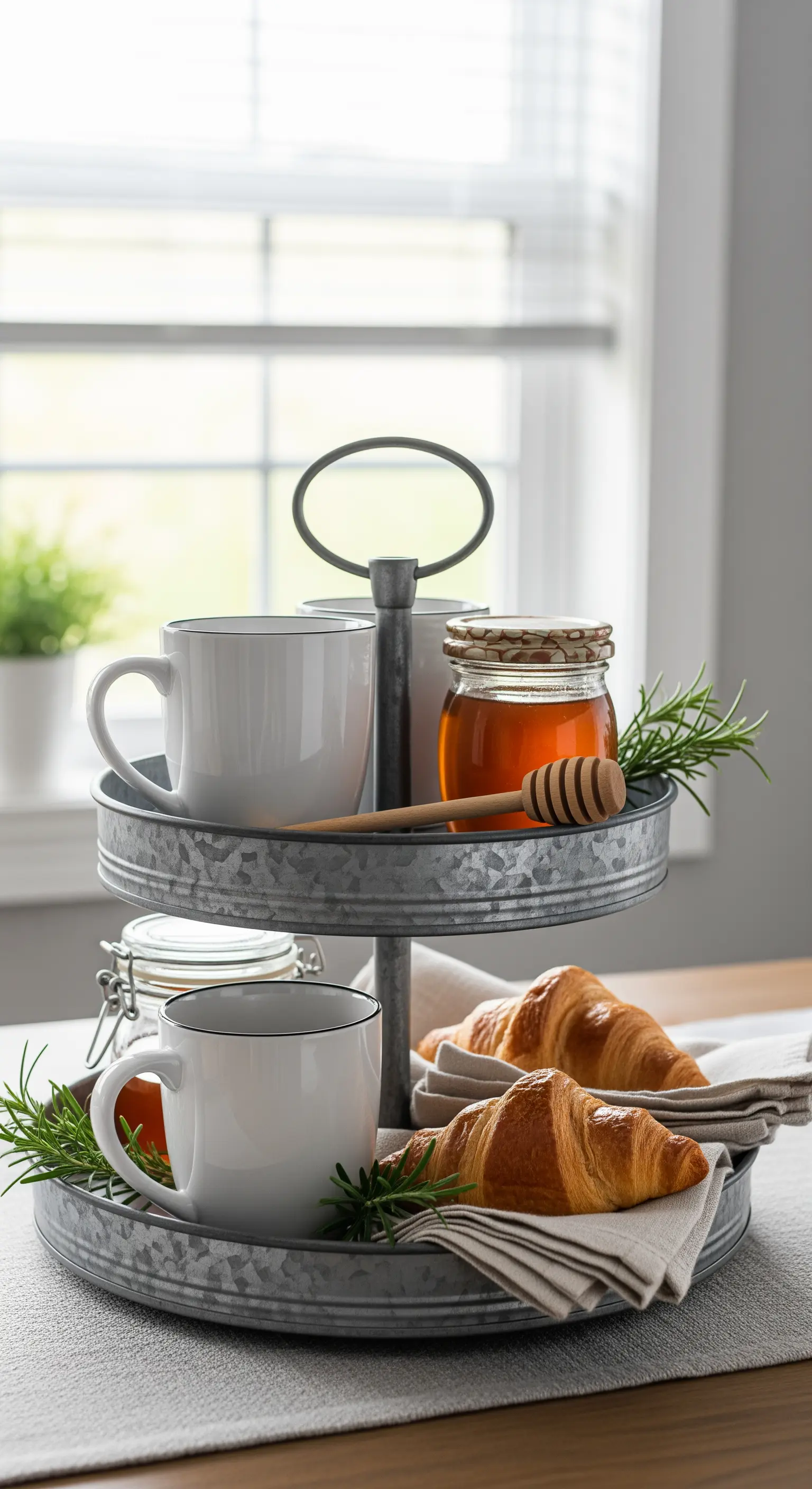 Verzinkte Metall-Etagere mit Kaffeebechern und Honig