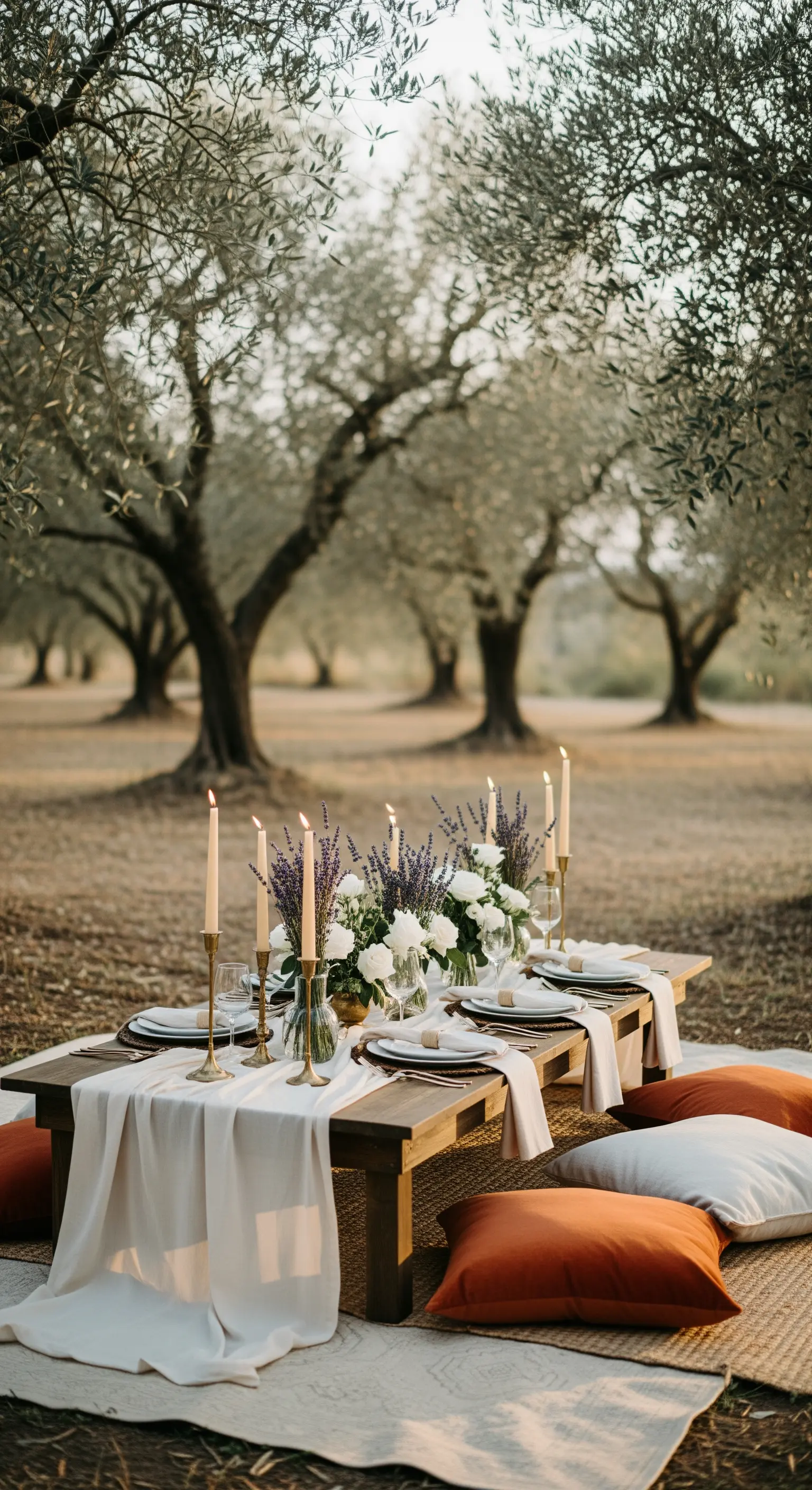 Niedriger Holztisch mit Lavendel, Rosen, Kerzen und Bodenkissen unter Olivenbäumen.