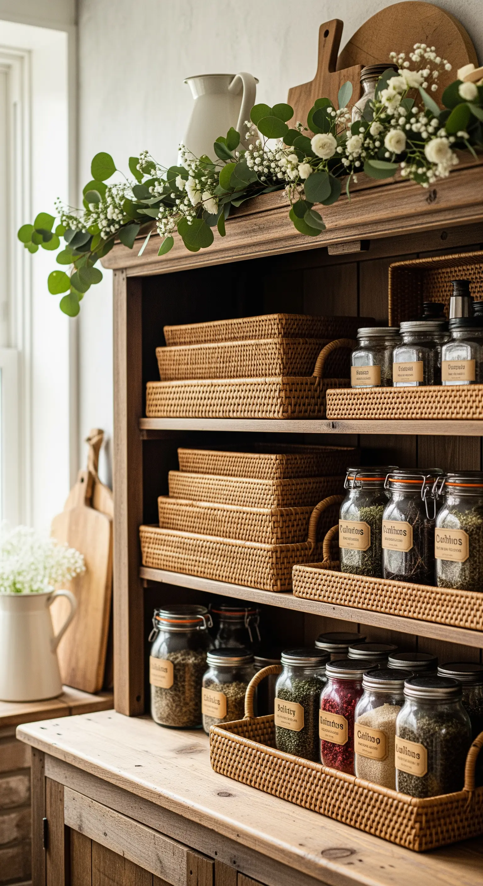 Holzkommode mit Rattan-Körben, Gewürzen und Eukalyptusgirlande