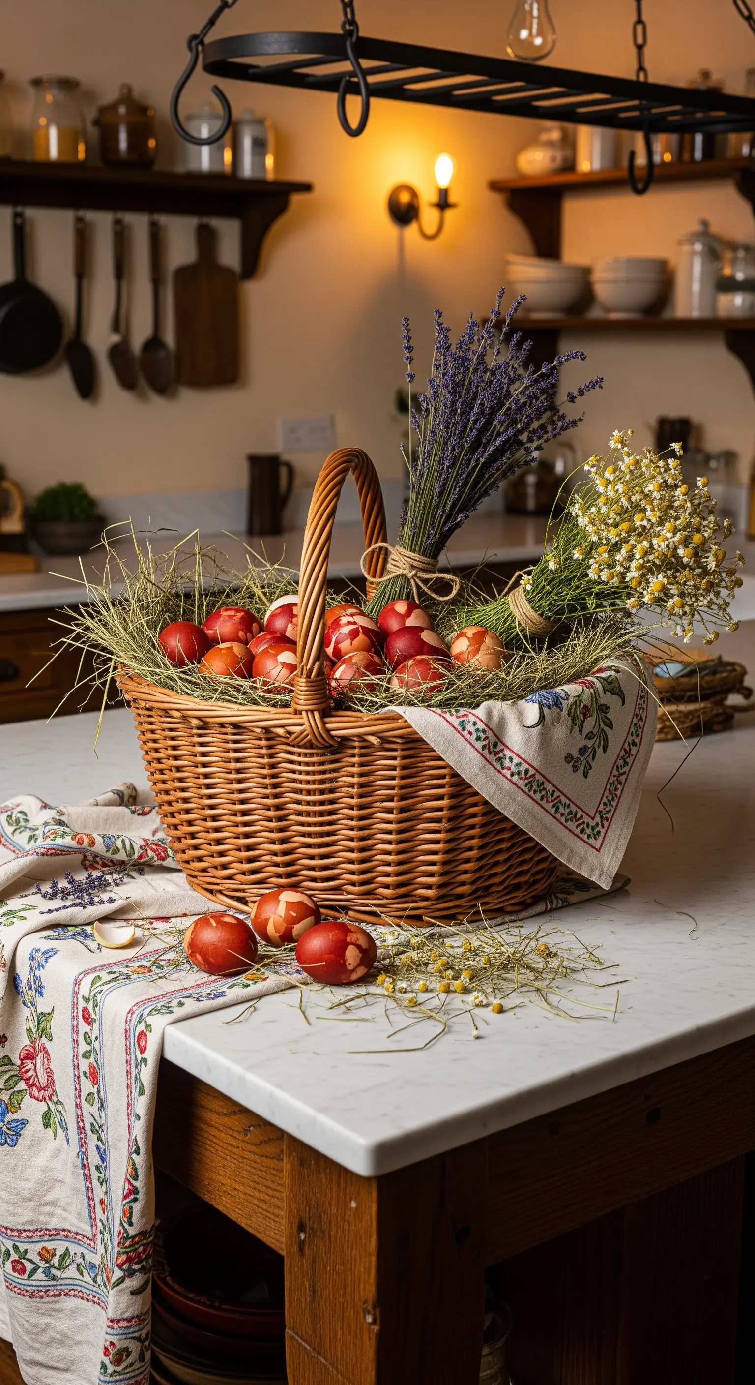 Rustikaler Osterkorb mit Heu, rot gefärbten Eiern, Lavendel und Kamille auf einer Kücheninsel