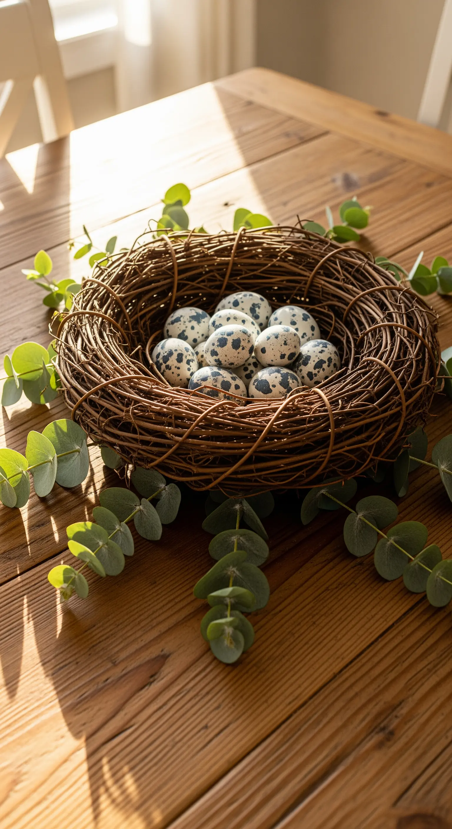 Rustikales Vogelnest mit Wachteleiern und Eukalyptus auf Holztisch