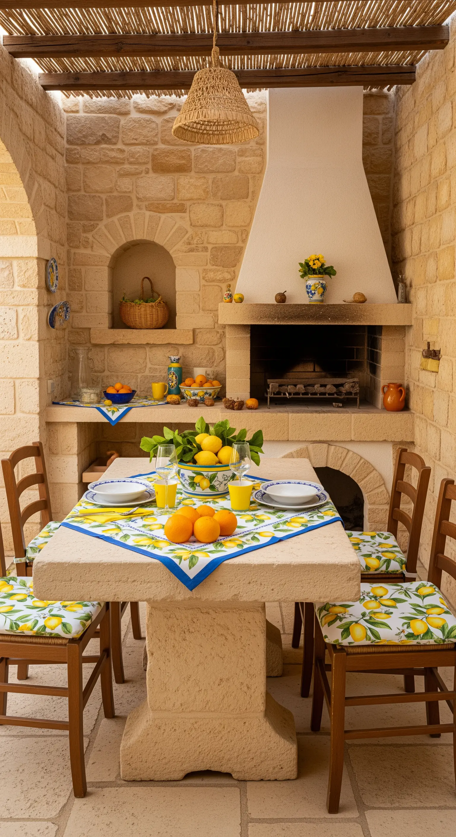 Outdoor-Tisch mit Zitronen-Kissen, Tischläufer und Orangen