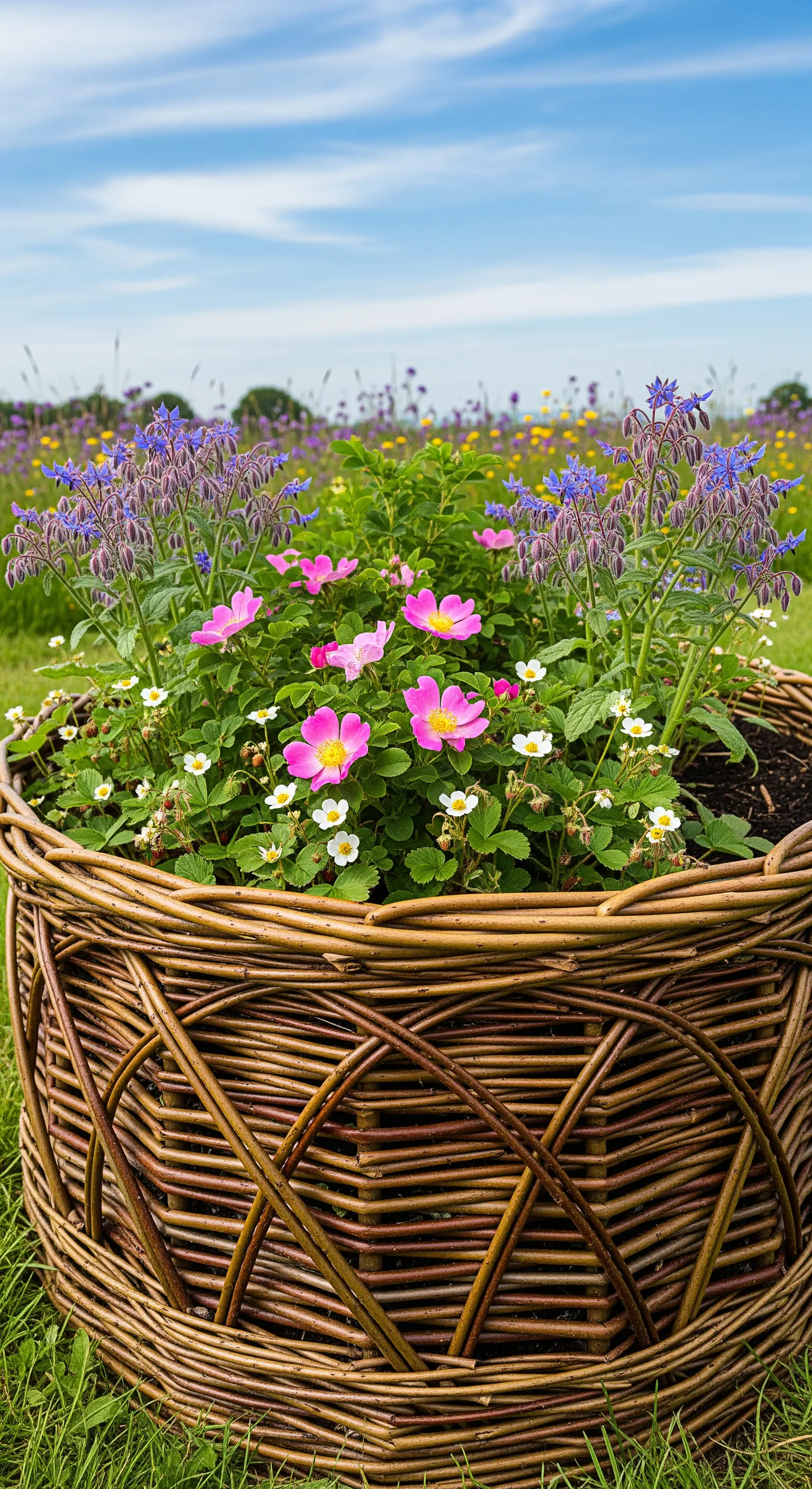 Weidenkorb, Wildrosen, Borretsch, Walderdbeeren, rustikaler Garten.