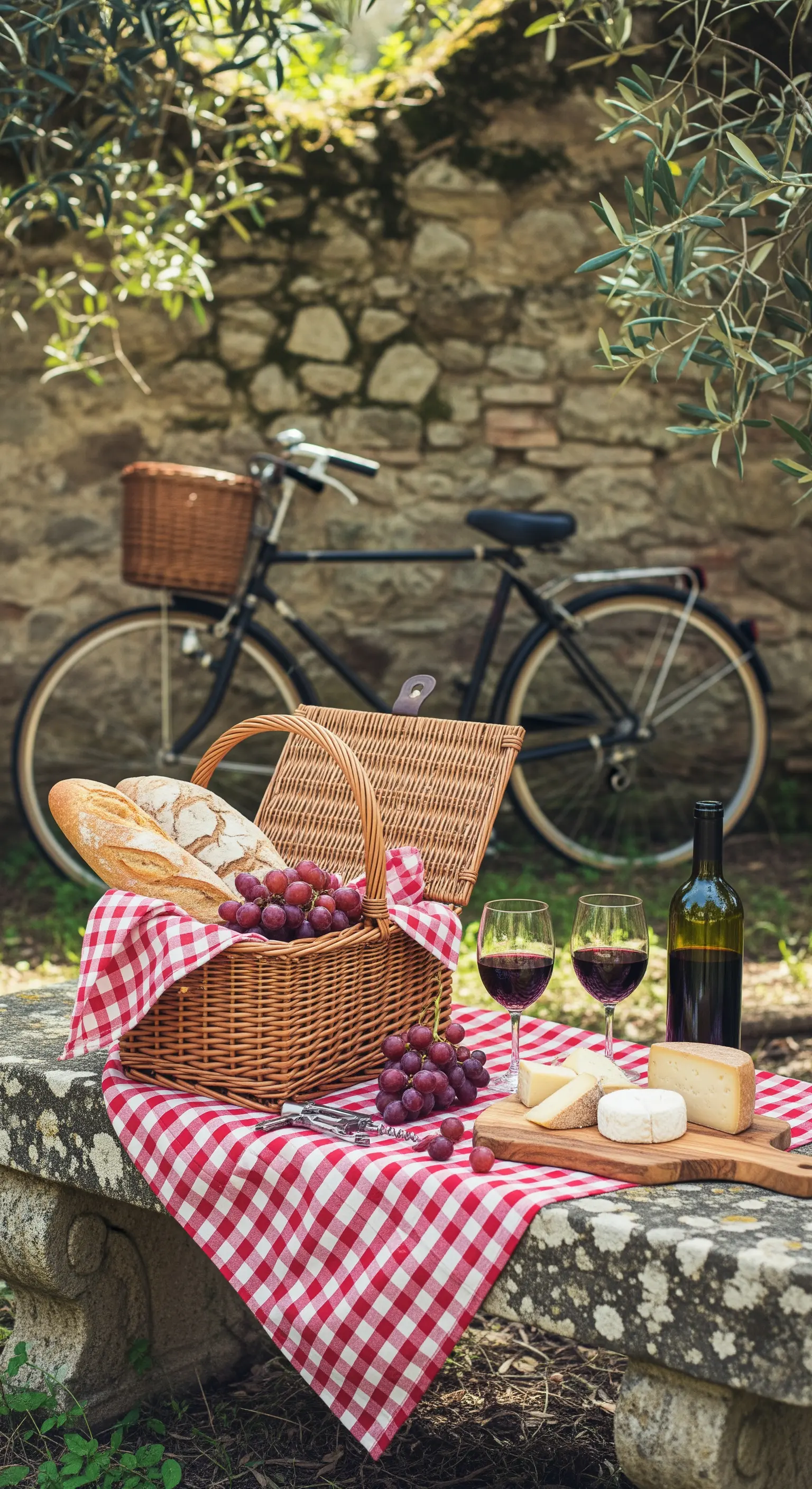 Rustikales Picknick auf einer Steinbank mit kariertem Tuch und Wein