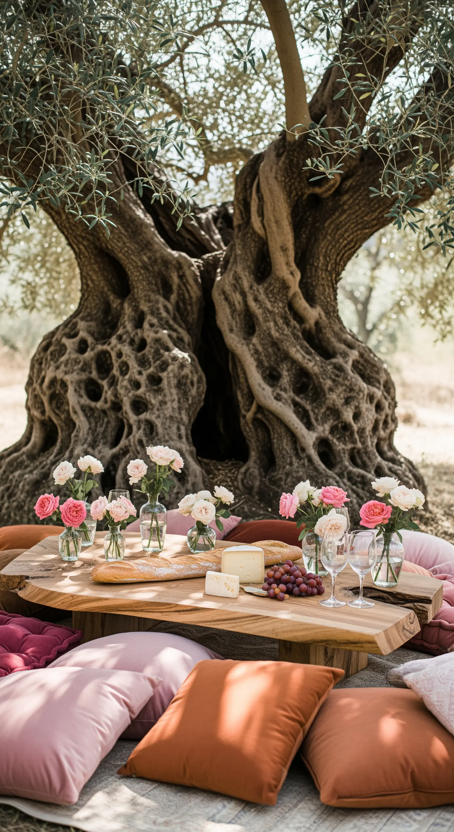 Bodennahes Picknick unter Olivenbaum mit Holztisch, Kissen und Rosen in kleinen Vasen