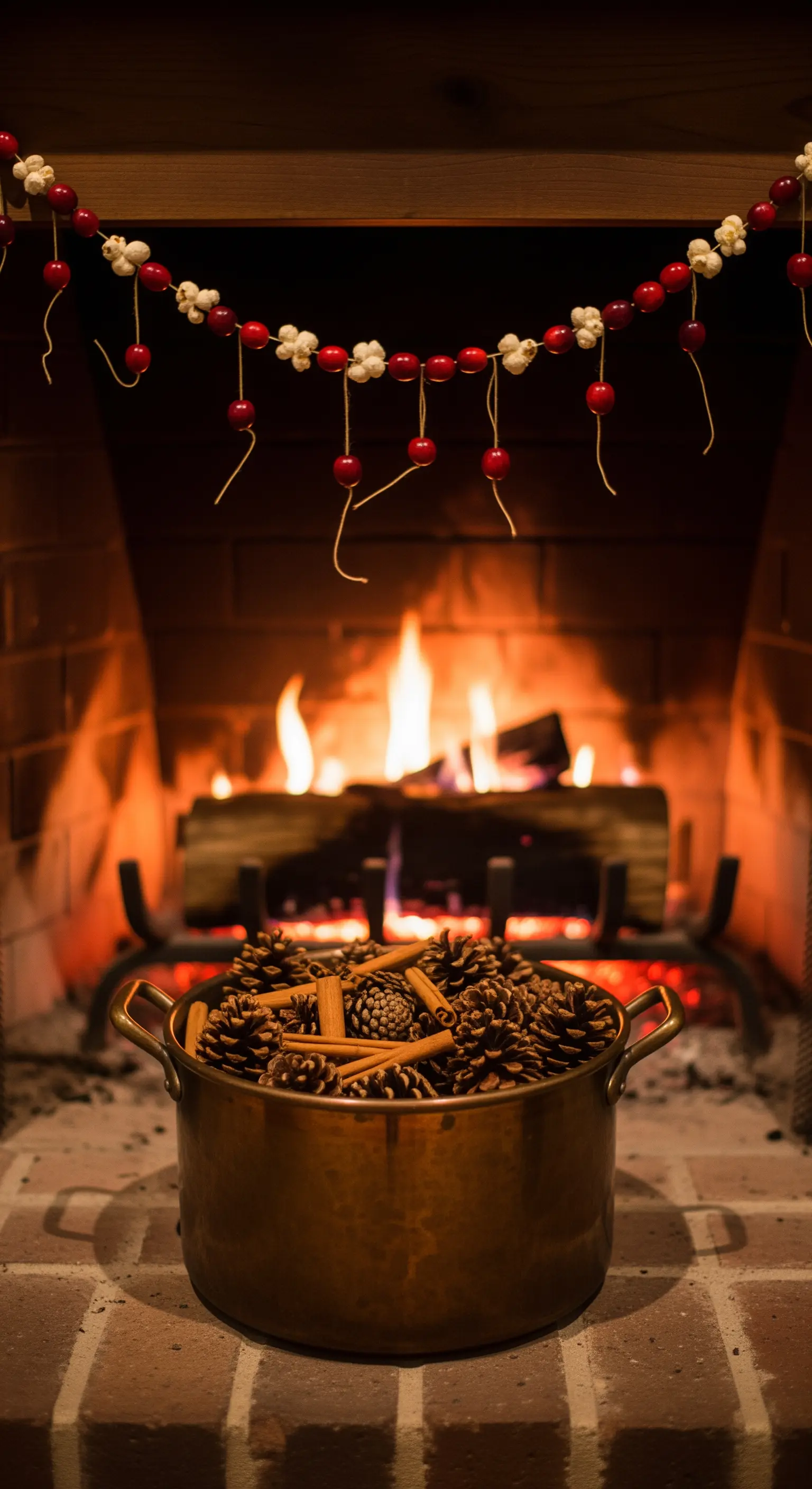 Tannenzapfen-Potpourri und Popcorn-Girlande am Ziegelkamin