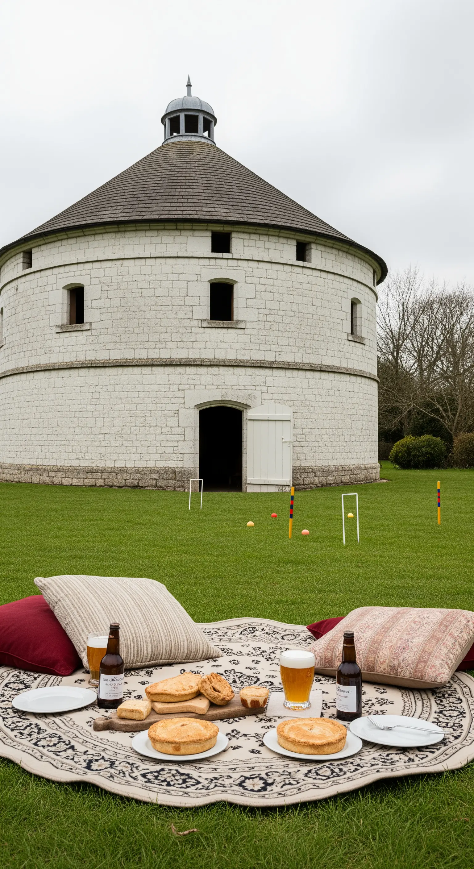 Picknick mit Pasteten und Bier auf gemusterter Decke vor rundem Backsteingebäude.