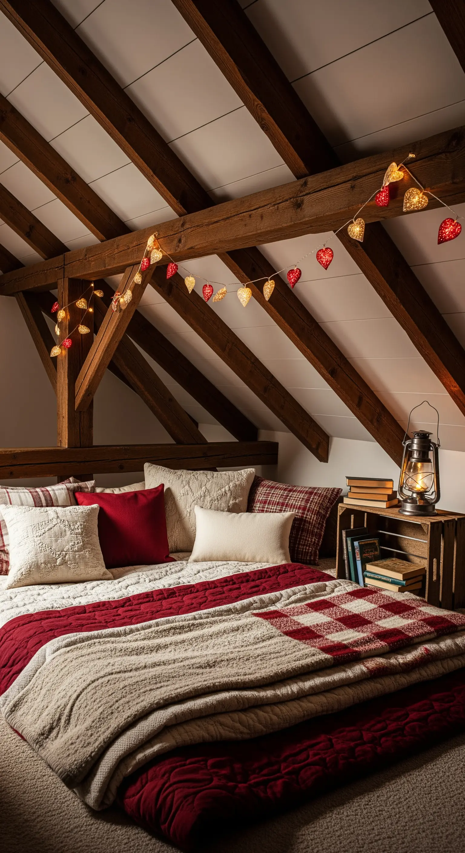 Gemütliches Bett unter einer Dachschräge mit Holzbalken, roten Decken und Herzlichterkette.