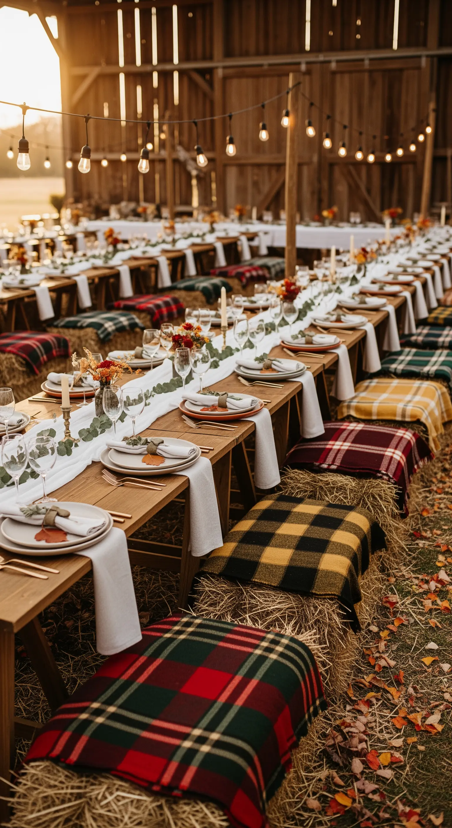 Scheunenfest, lange Tische, Heuballen, karierte Plaids, Lichterketten, herbstliche Dekoration.