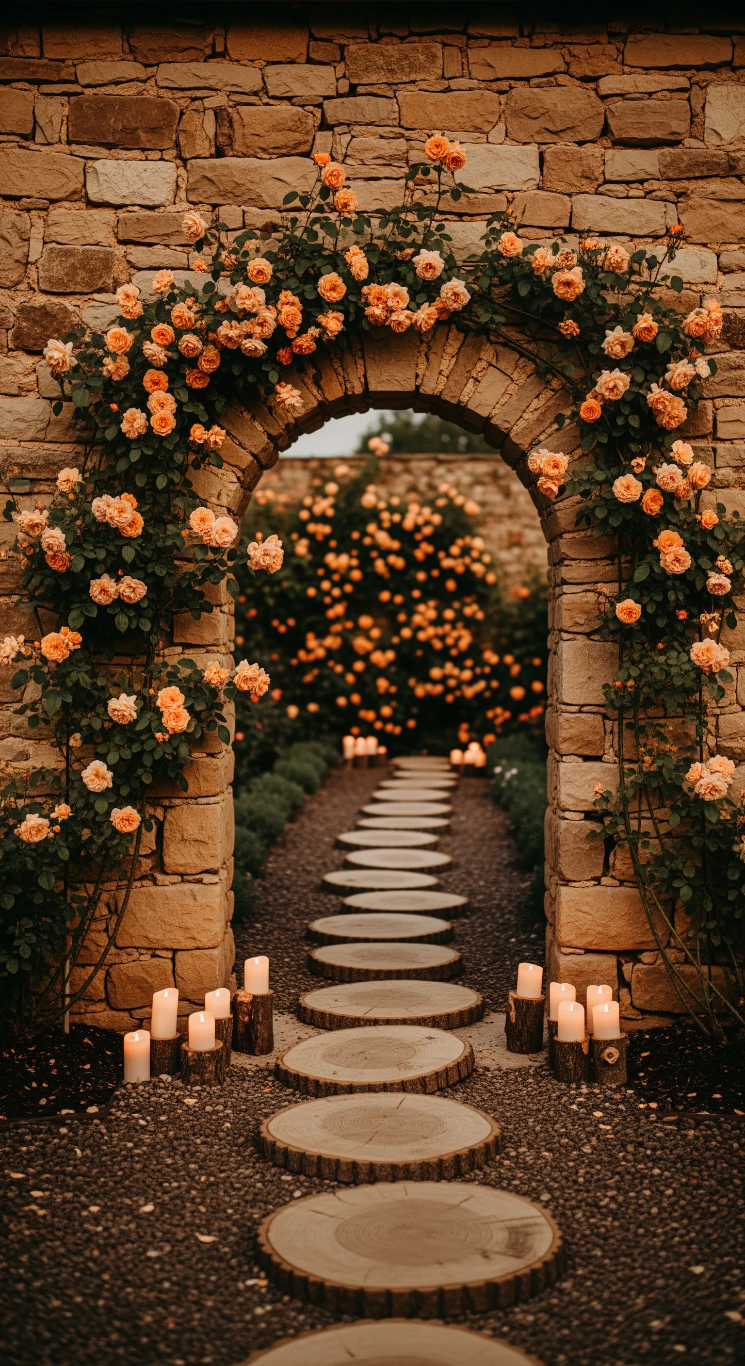 Rustikales Steintor mit terrakottafarbenen Rosen, Holzscheibenpfad und Kerzenlichtern