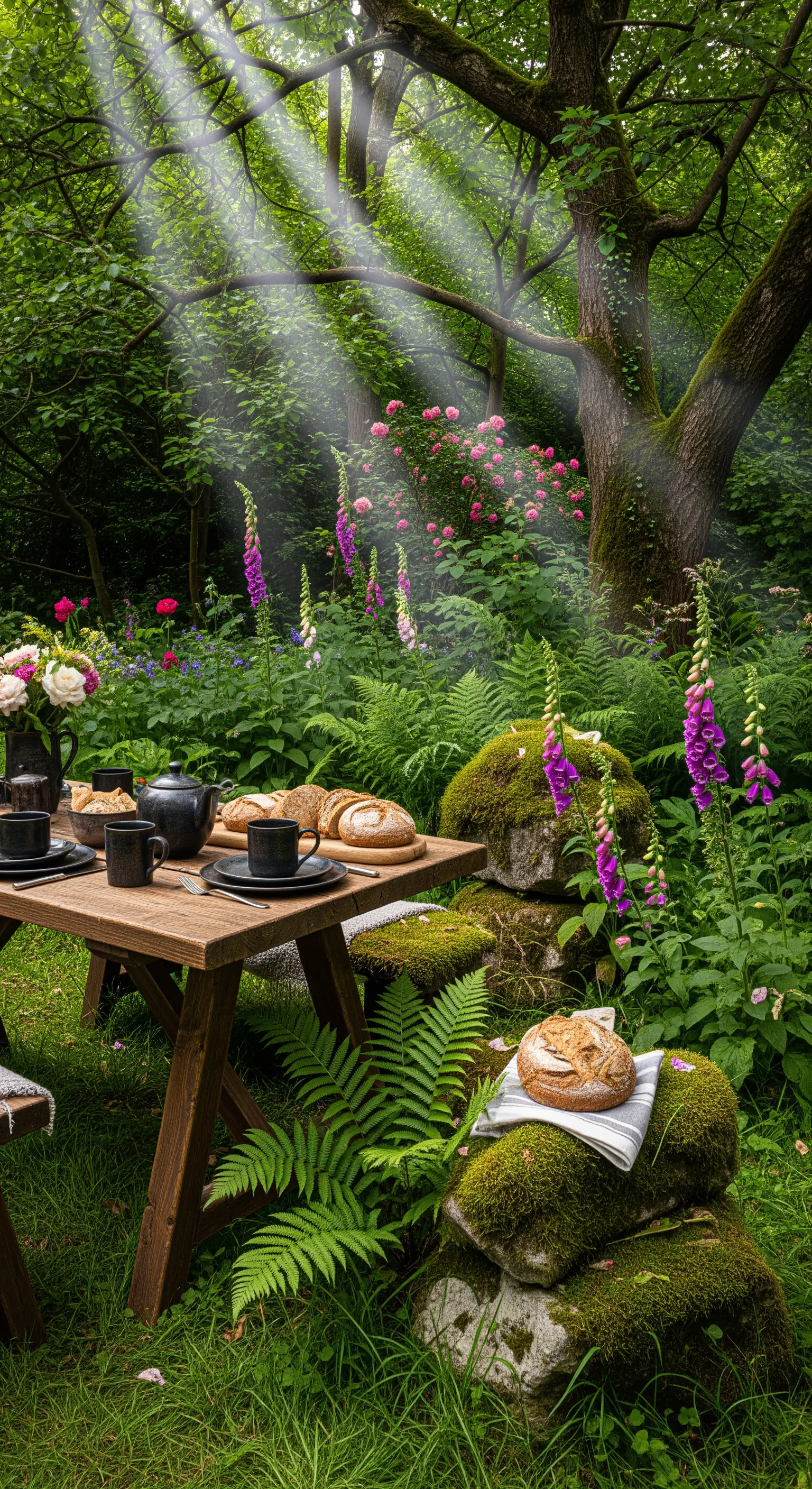 Holztisch mit dunklem Geschirr in bewaldeter Umgebung mit Farnen und Sonnenstrahlen