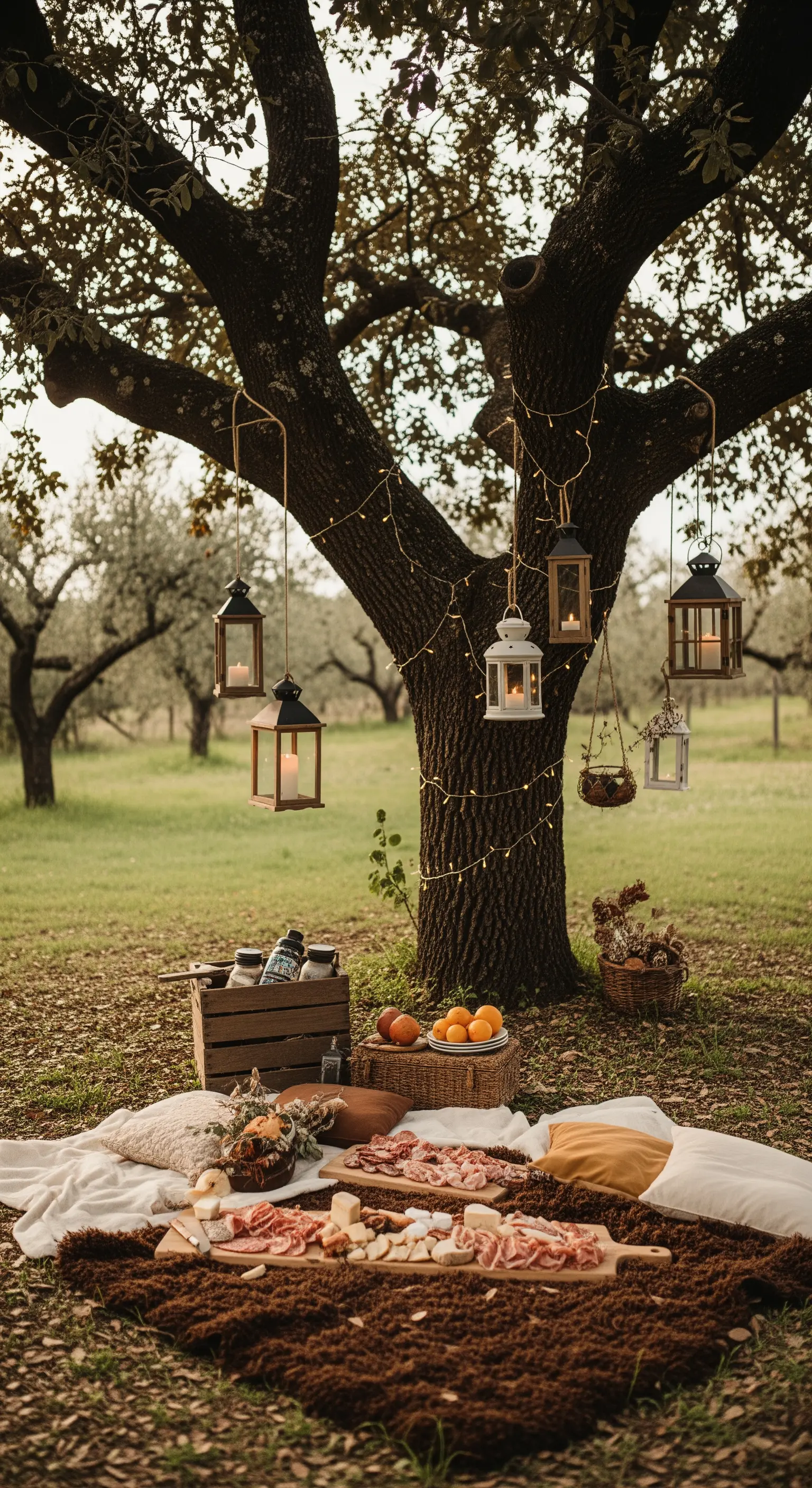 Waldpicknick unter beleuchtetem Baum mit hängenden Laternen und herzhaftem Essen