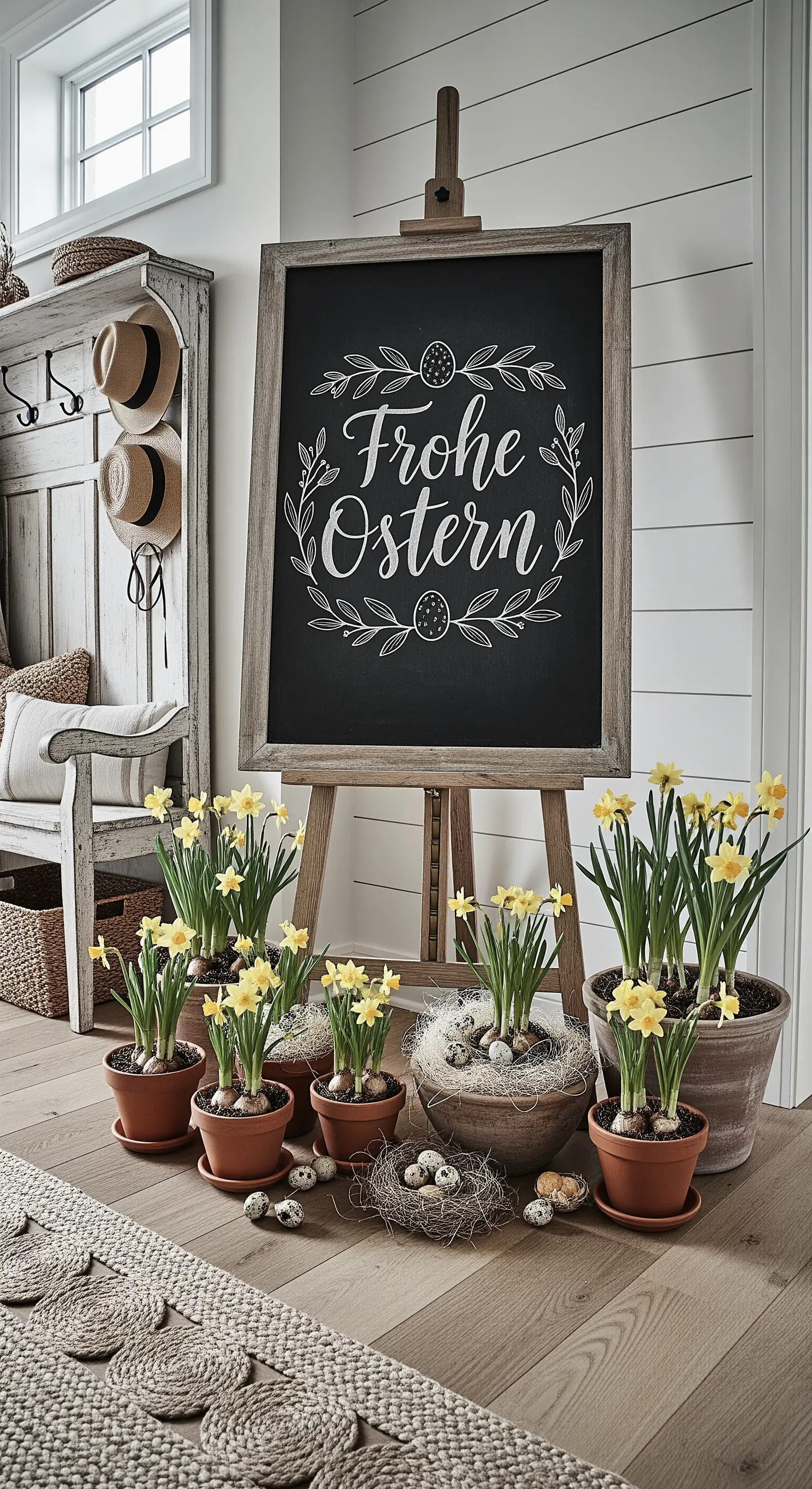 Kreidetafel mit 'Frohe Ostern', Narzissen und Nestern im Eingang