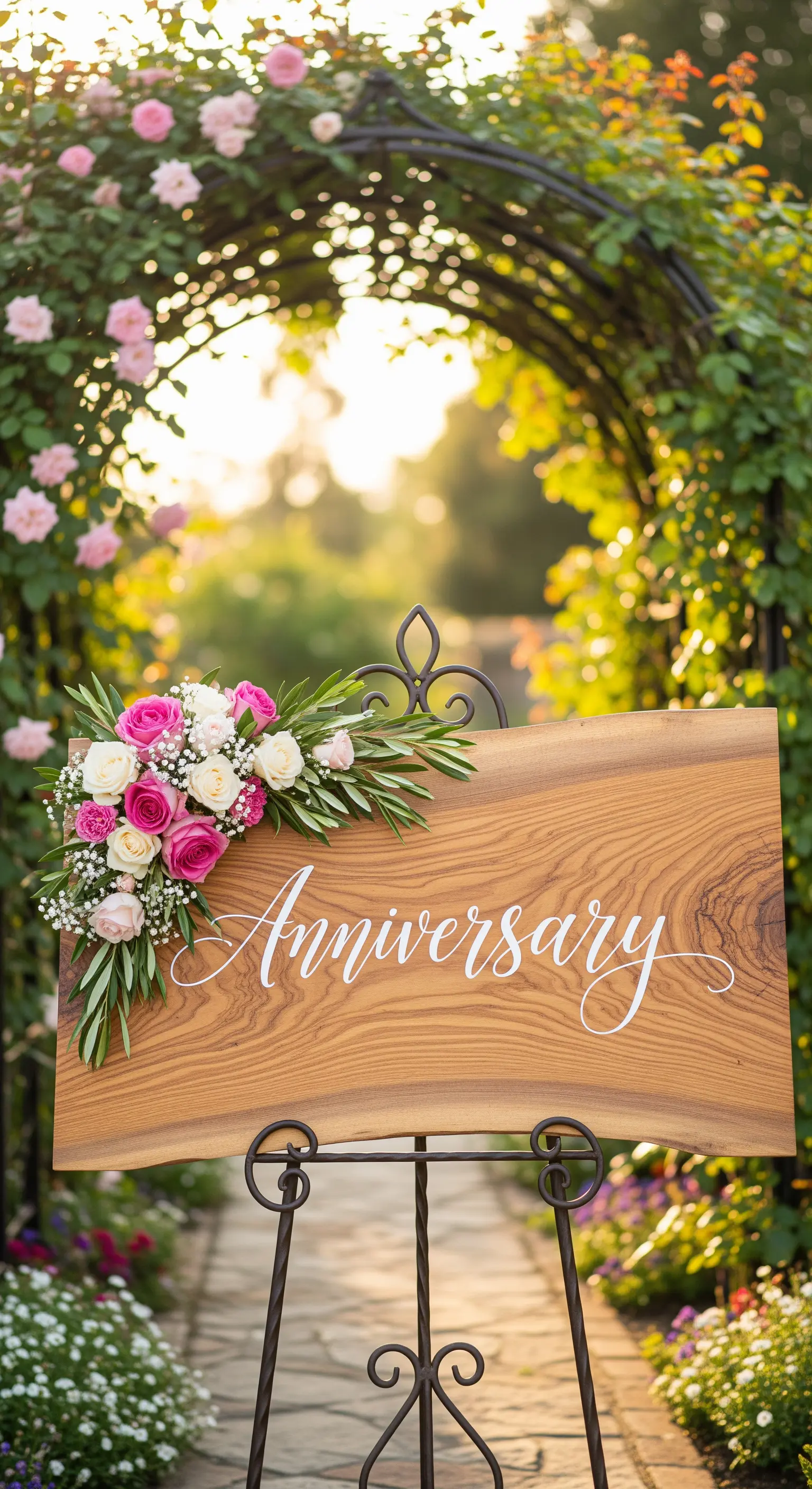 Willkommensschild aus Holz mit der Aufschrift „Anniversary“, geschmückt mit Rosen und Olivenzweigen