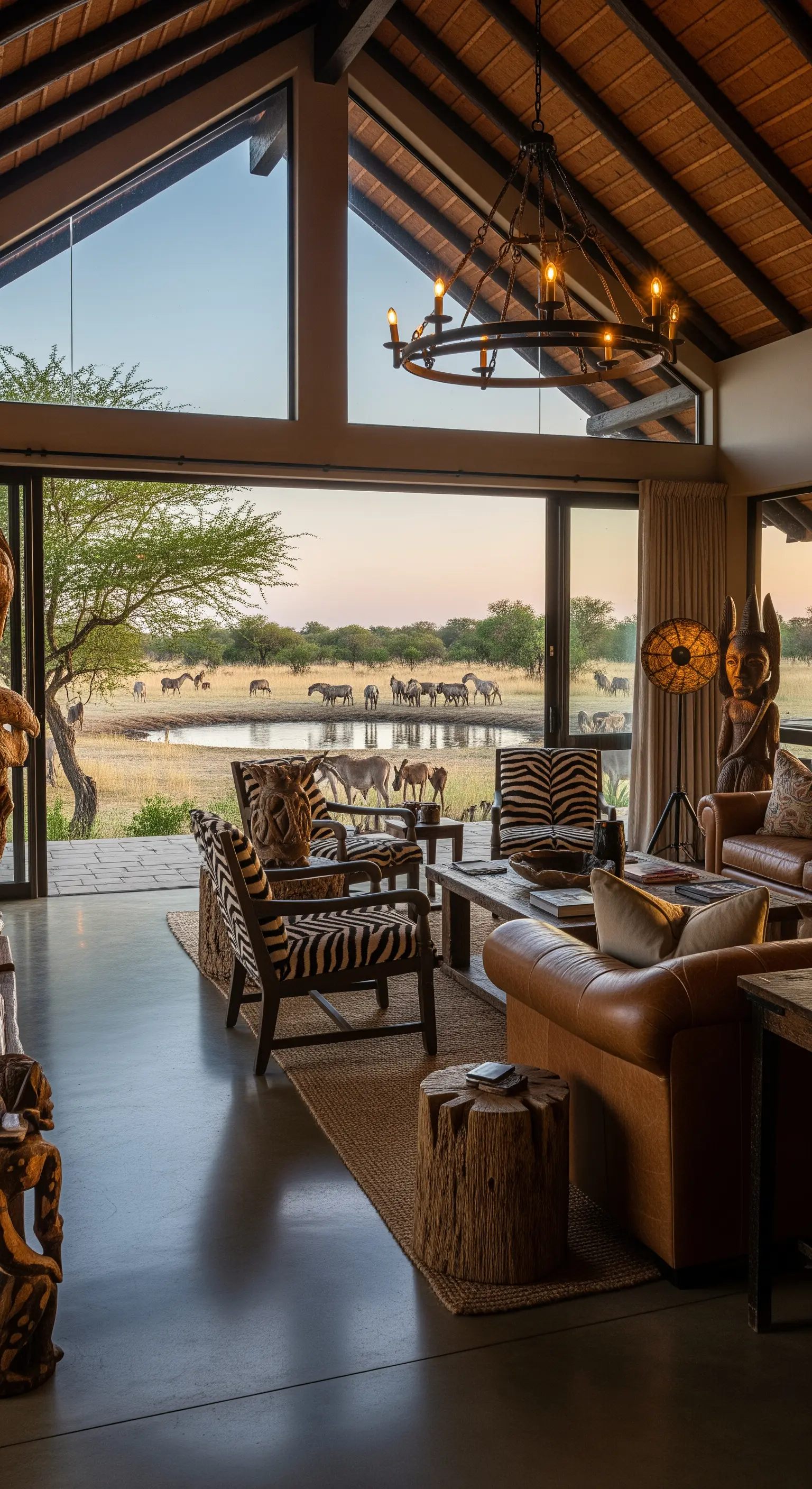 Wohnzimmer im Safari-Lodge-Stil mit Ledersofa, Zebra-Sesseln und Blick auf eine Wasserstelle mit Tieren.