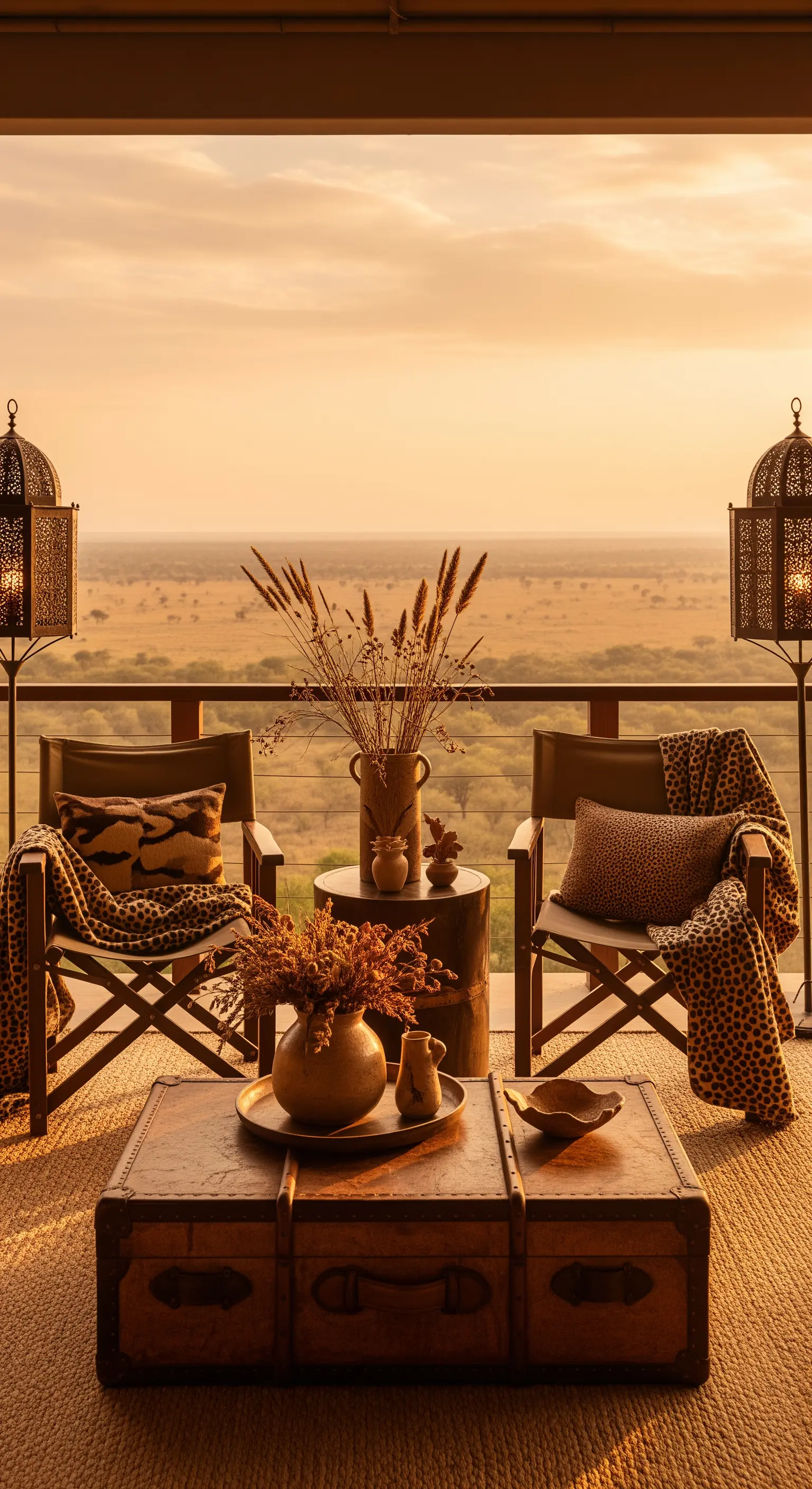 Safari-Lounge auf Balkon mit Leoparden-Decken, Laternen und Holztruhe