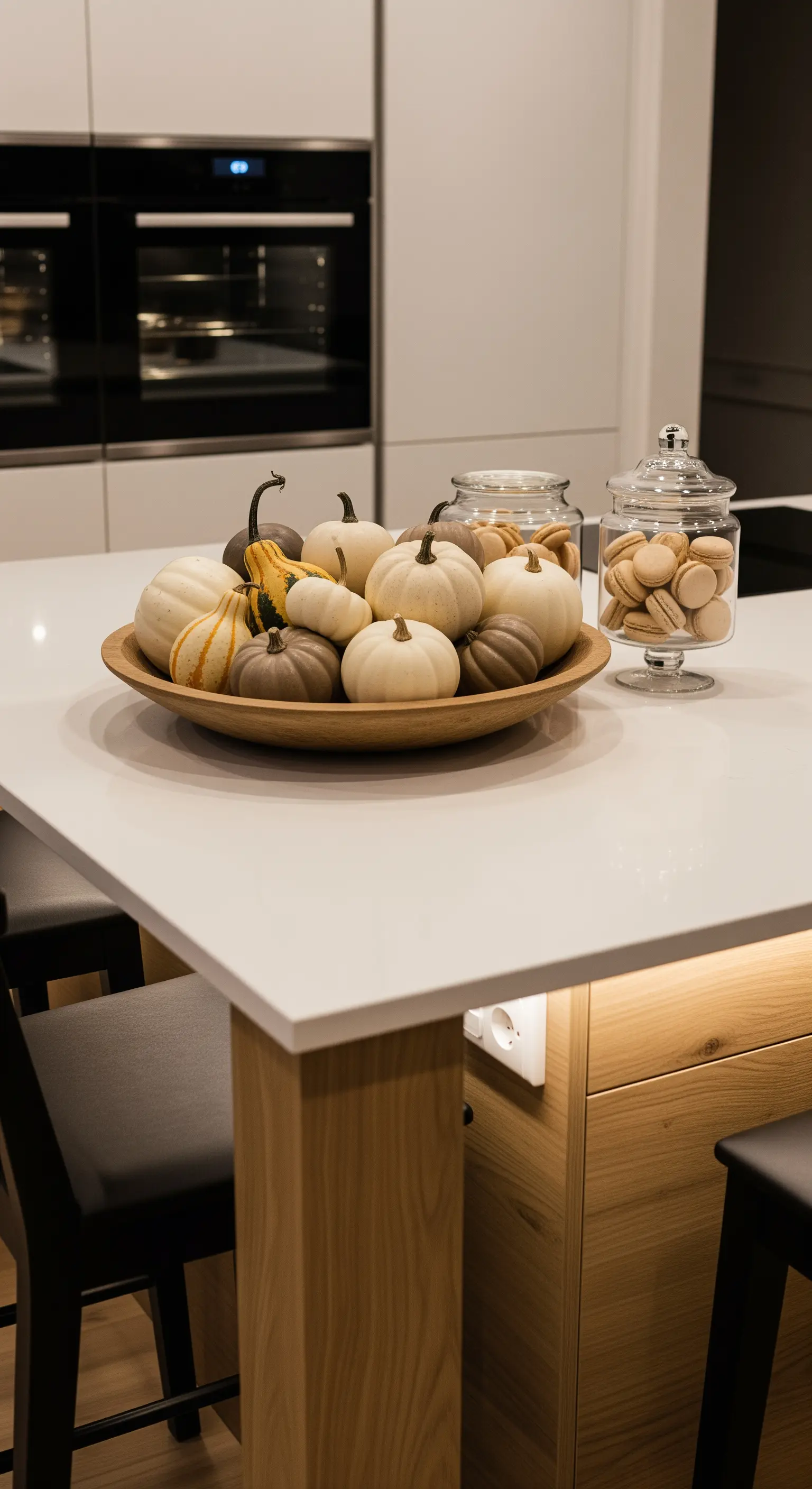 Holzschale gefüllt mit diversen kleinen Kürbissen auf einer weißen Kücheninsel.