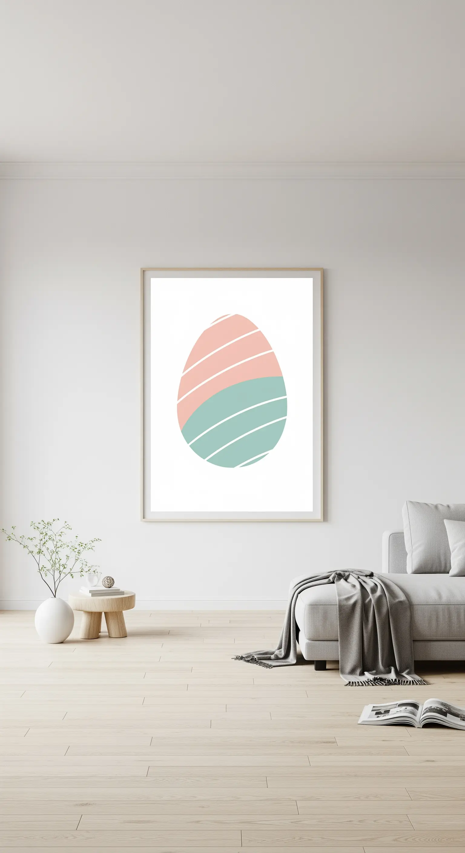 Ein großer Kunstdruck mit einem stilisierten Osterei-Motiv an der Wand.