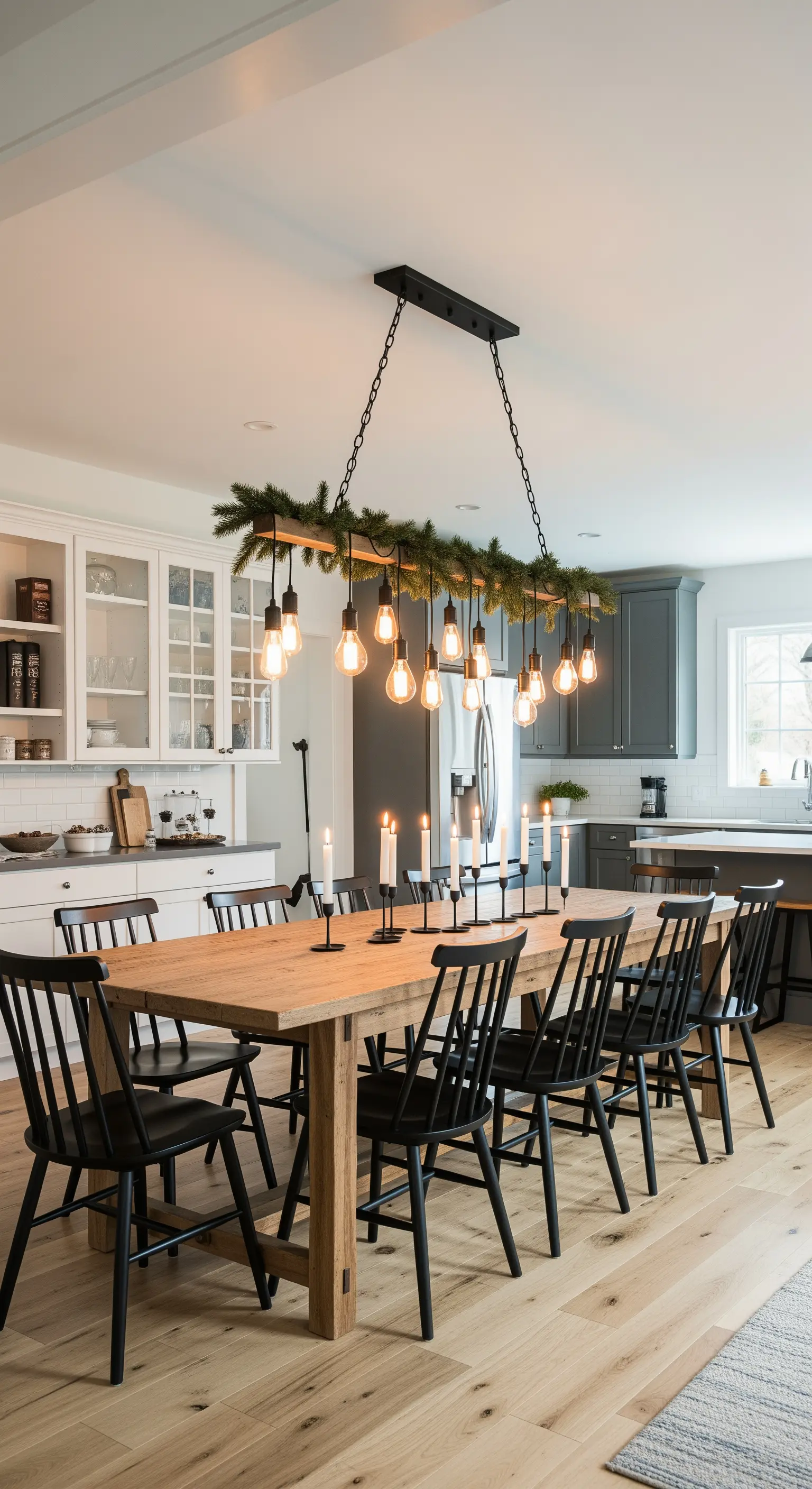 Längliche Industrie-Hängelampe über einem Esstisch, dekoriert mit frischen Tannenzweigen.