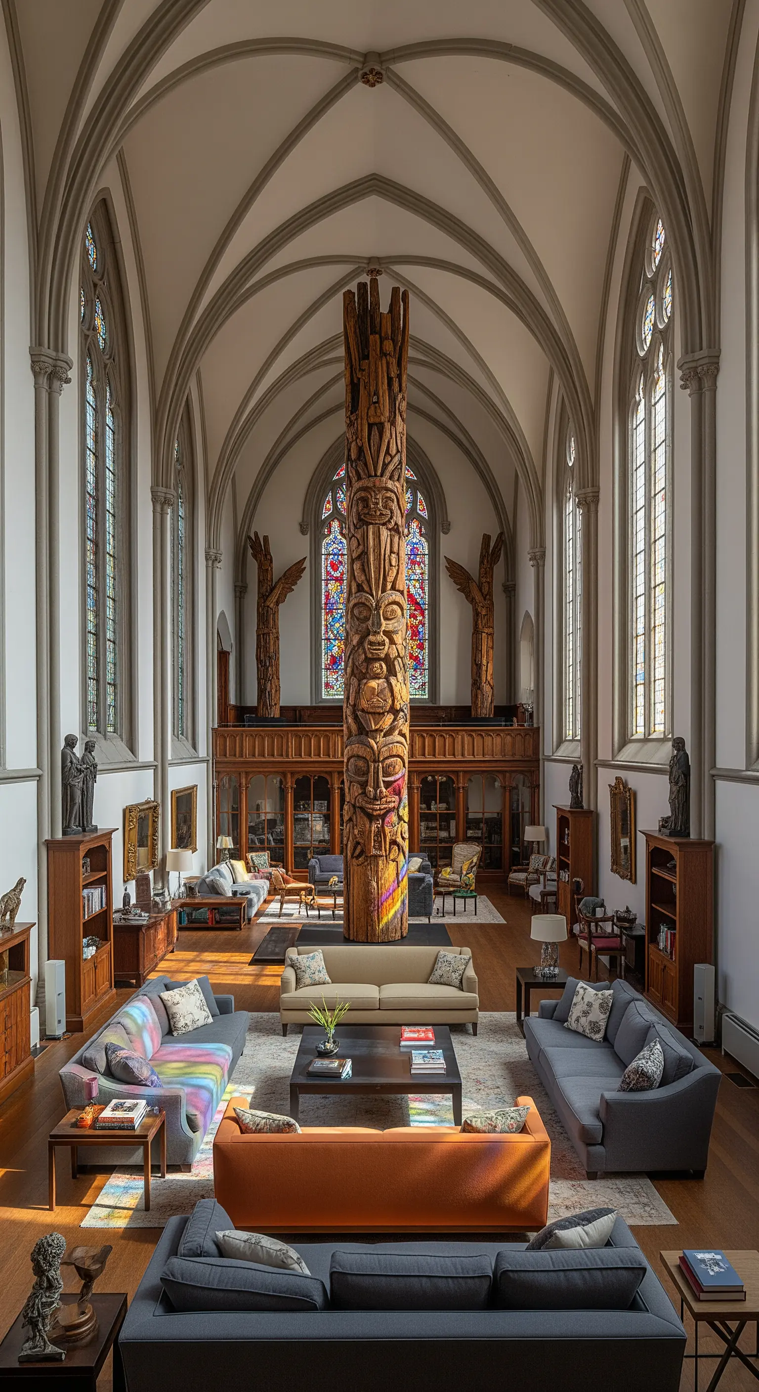Monumentaler Totempfahl im Zentrum eines Wohnzimmers, das in einer ehemaligen Kirche untergebracht ist.