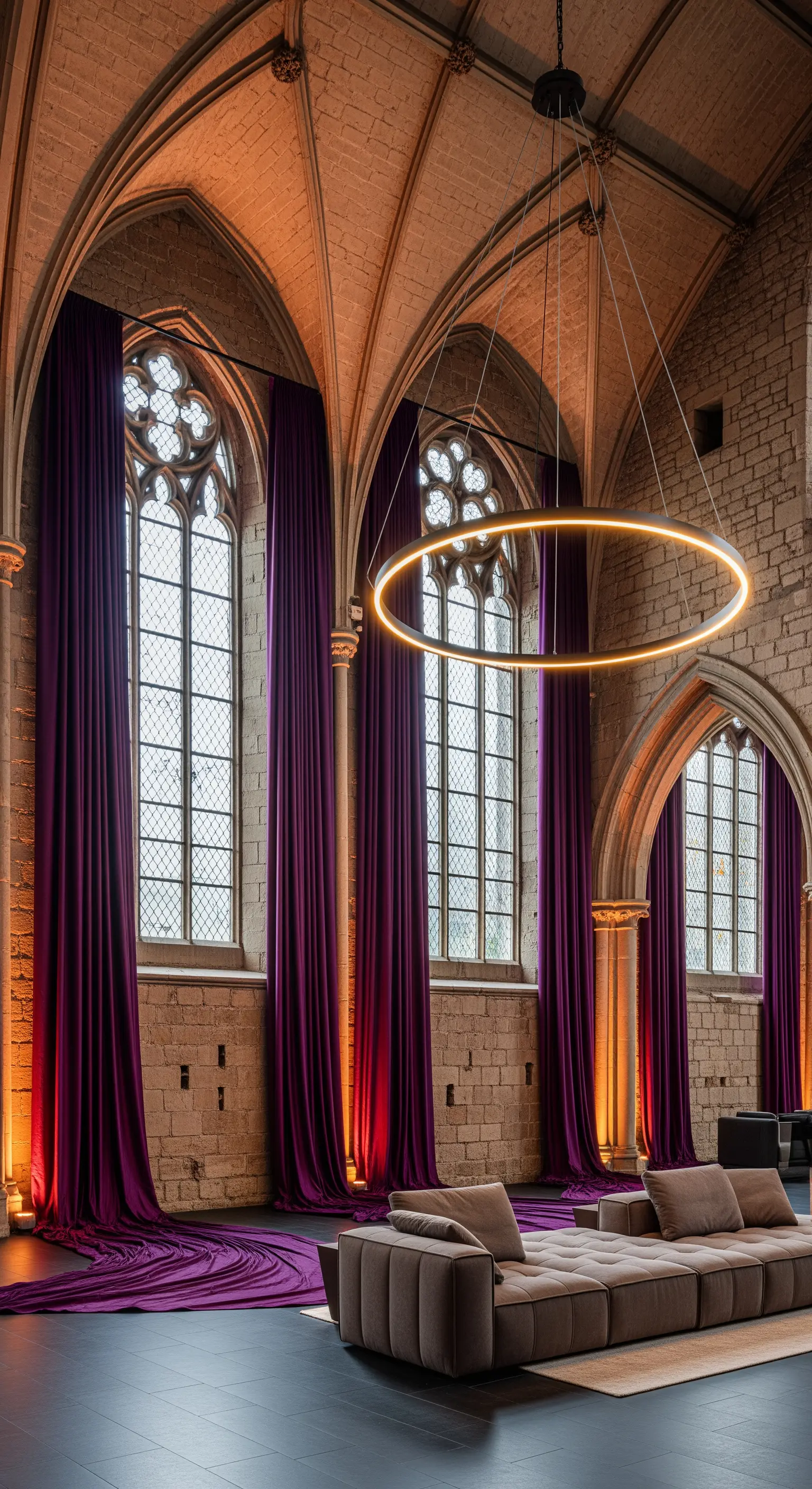 Umgebaute Kirche mit hohen gotischen Fenstern und langen, violetten Samtvorhängen.