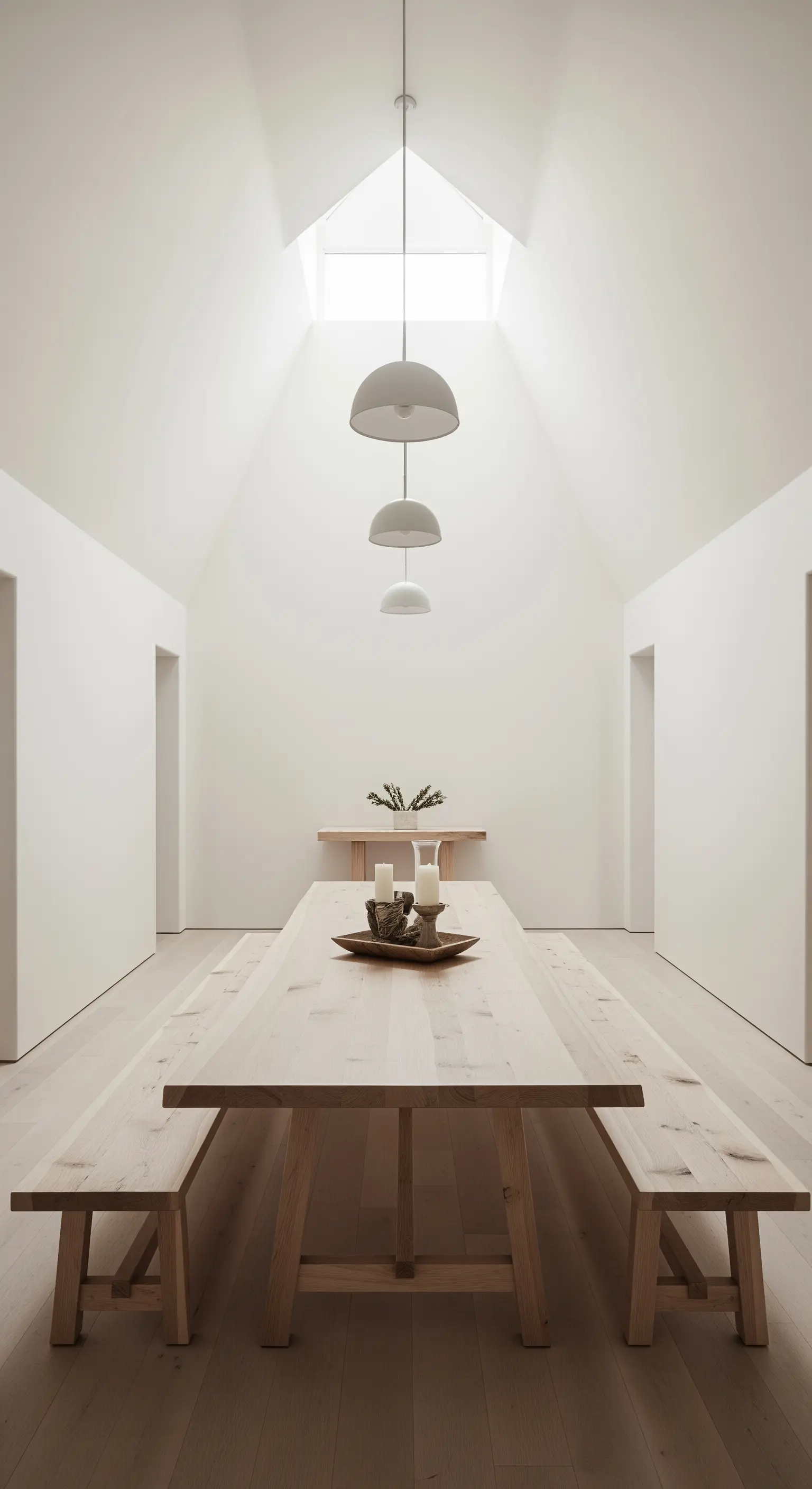 Ein langer Holztisch mit Bänken in einem hohen, weißen Raum mit symmetrischer Architektur und Oberlicht.