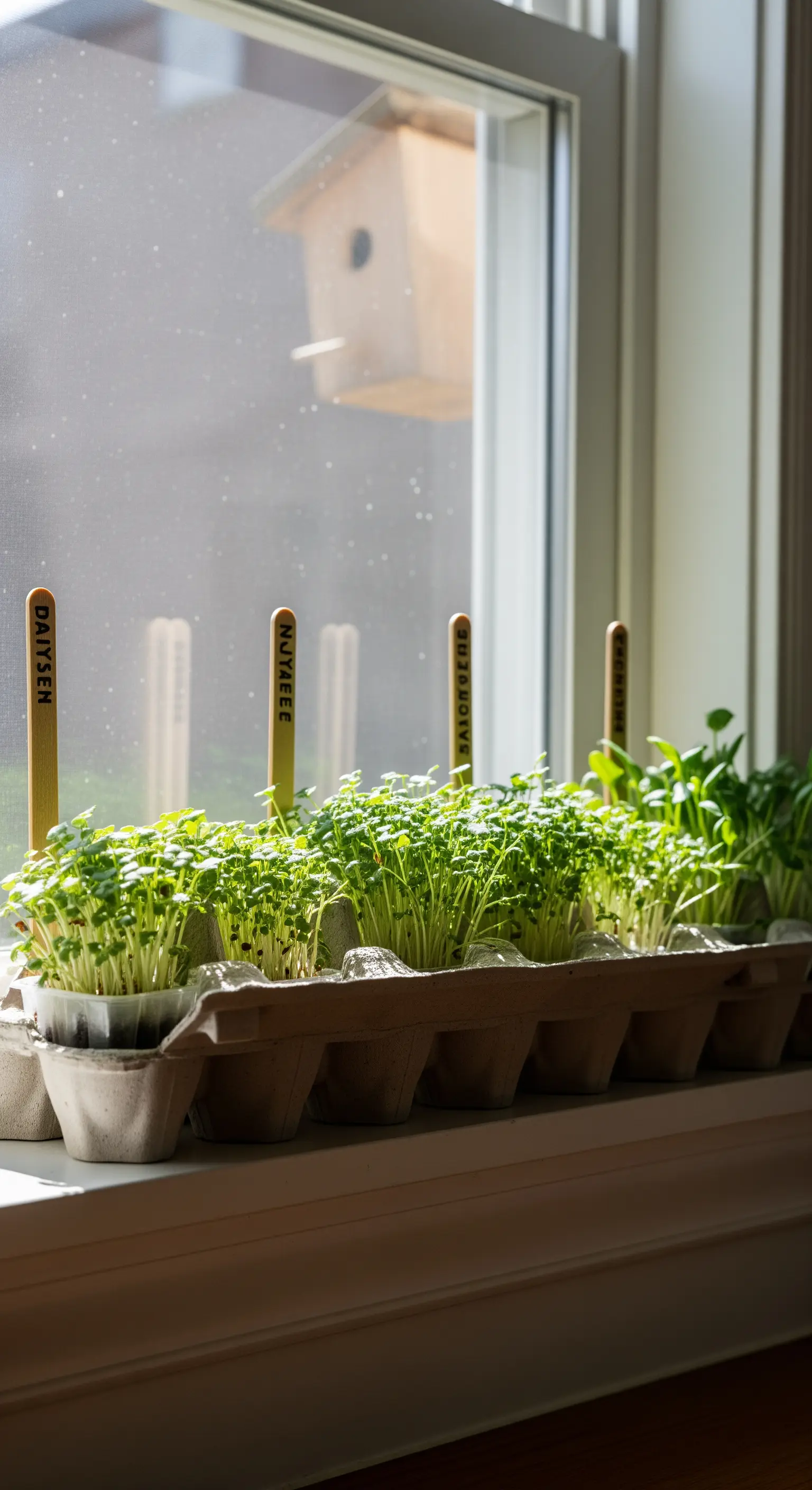Fensterbank mit Sämlingen in Eierkartons und Holzsteckern