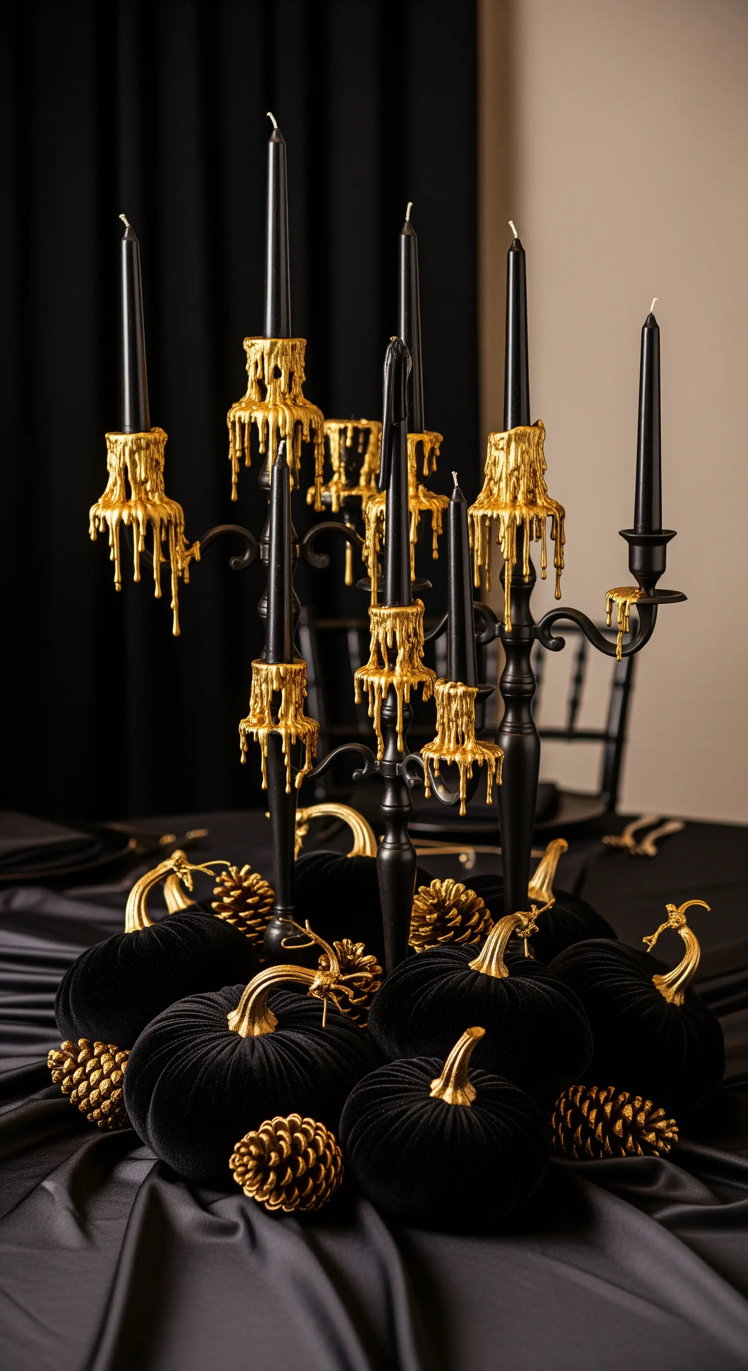 Tischdeko mit schwarzen Samtkürbissen, Gold-Zapfen und tropfenden Kerzenhaltern